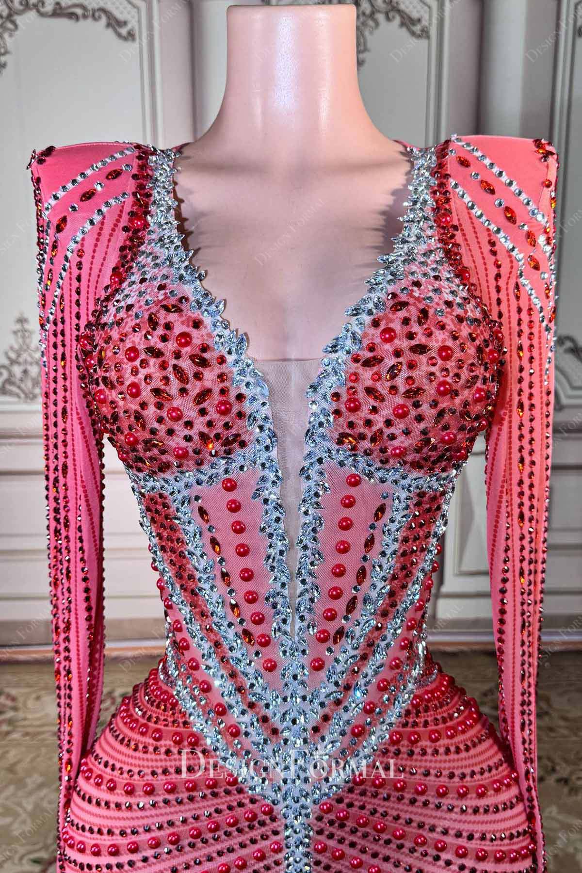 pink punch rhinestones plunging neck prom dress
