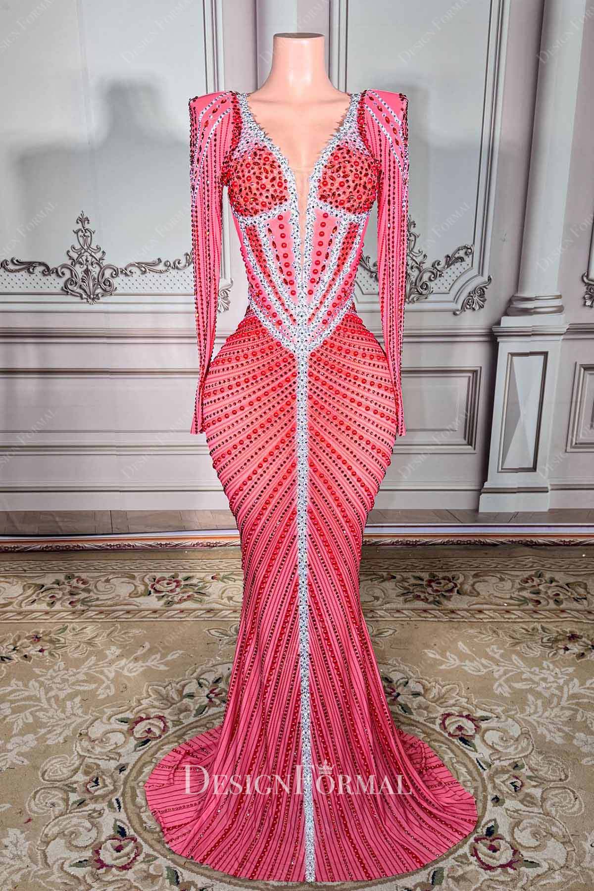 pink punch sleeved mermaid prom dress