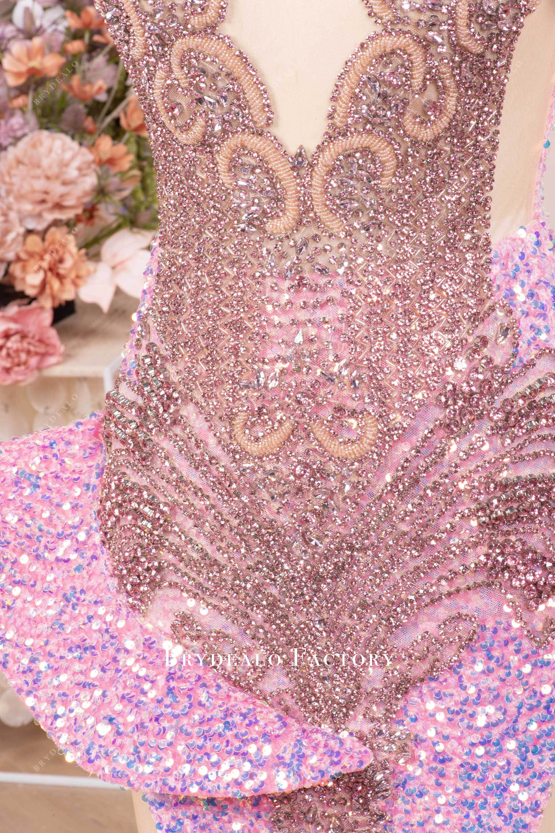 sparkly pink rhinestone ruffled prom dress