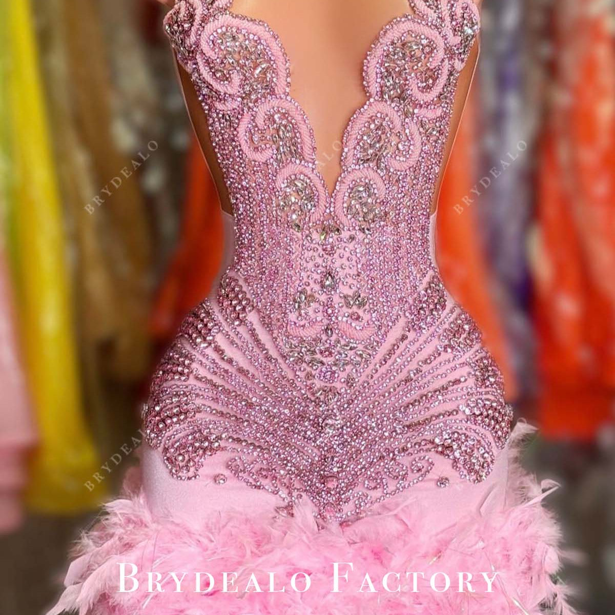Pink Rhinestones Sleeveless Feathered Bodycon Cocktail Prom Dress