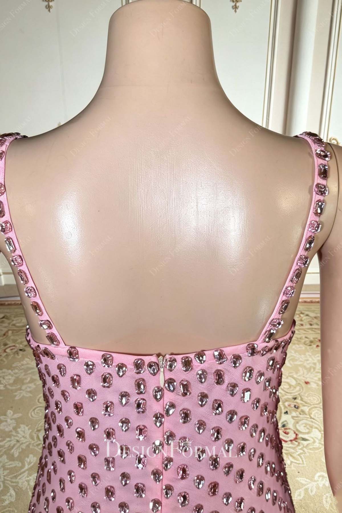 pink rhinestones square back prom dress