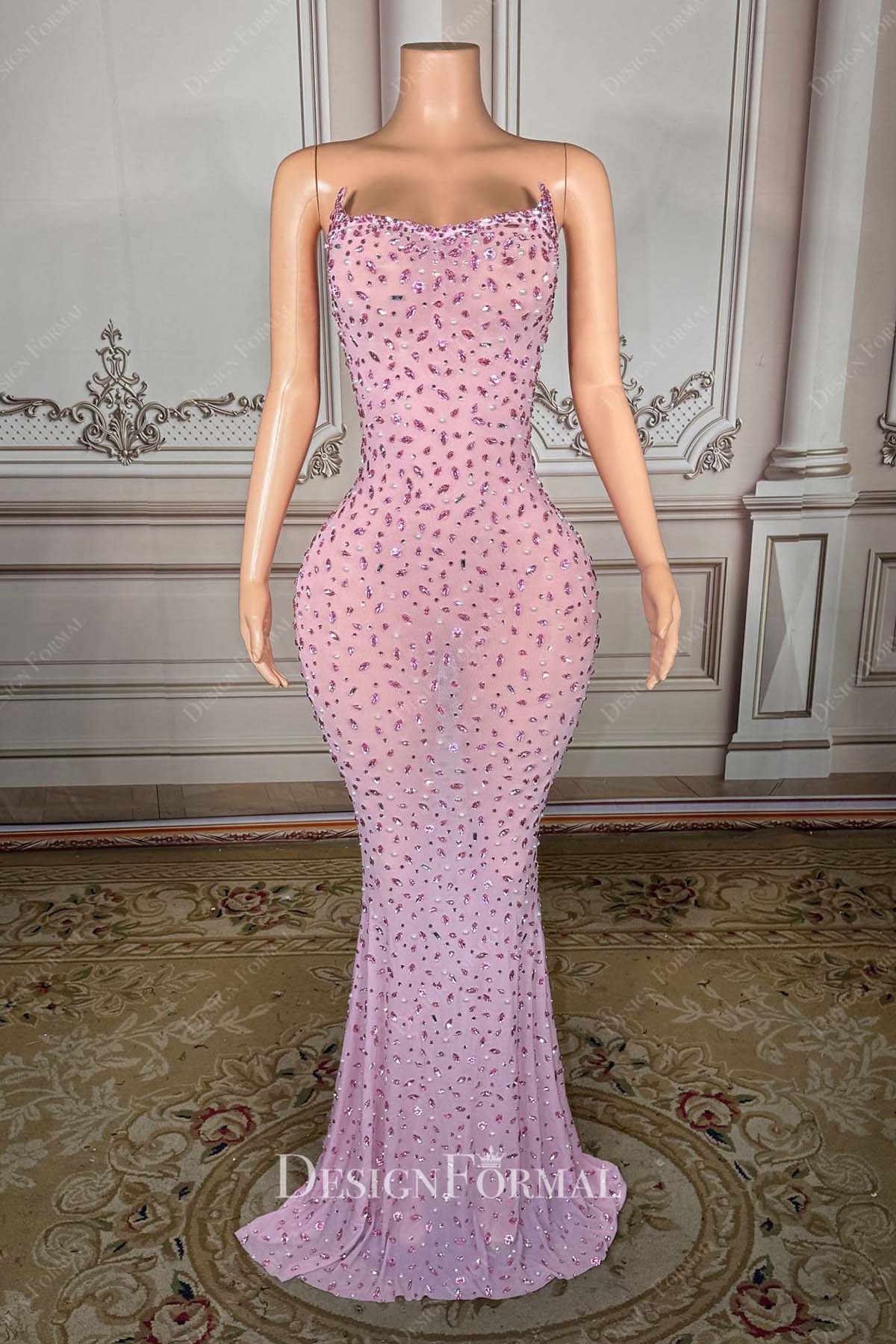pink rhinestones strapless prom dress
