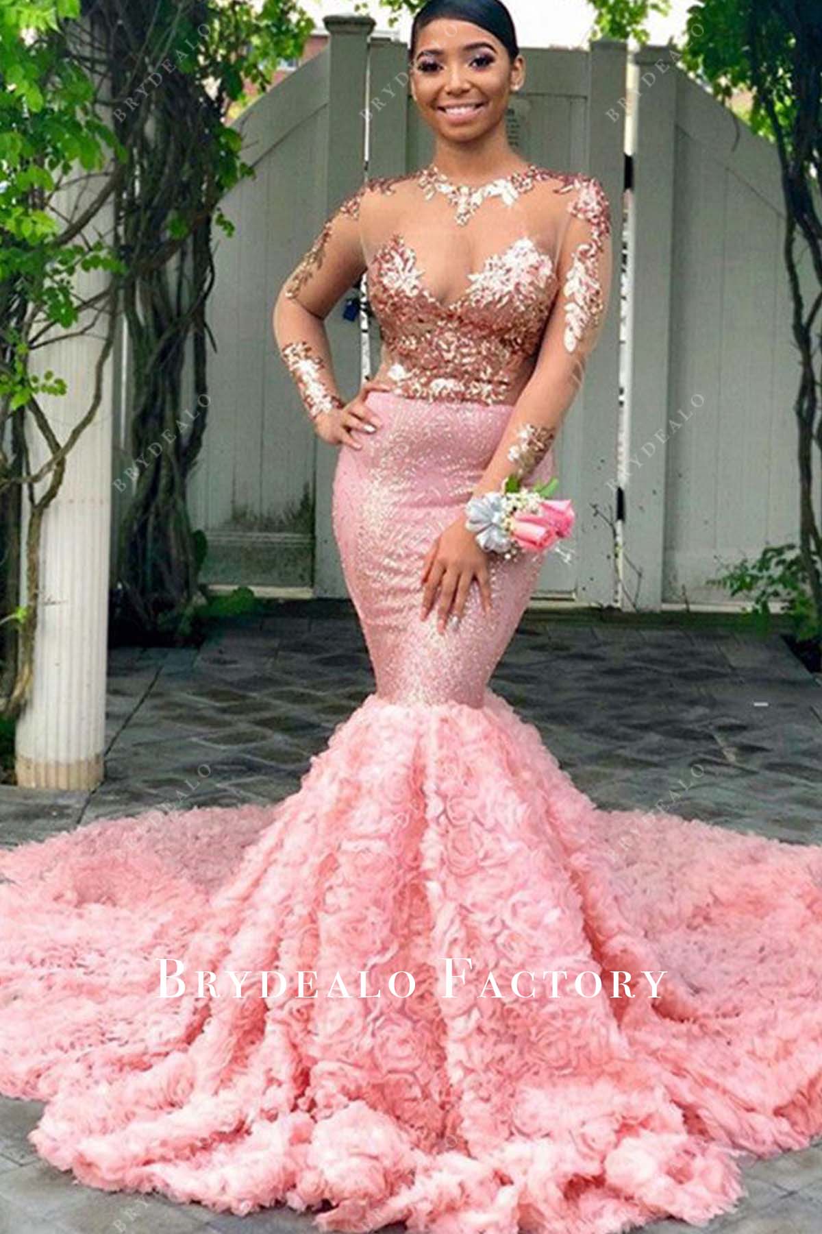 Pink Sequin Glitter Sheer Sleeves 3D Rose Mermaid Prom Dress