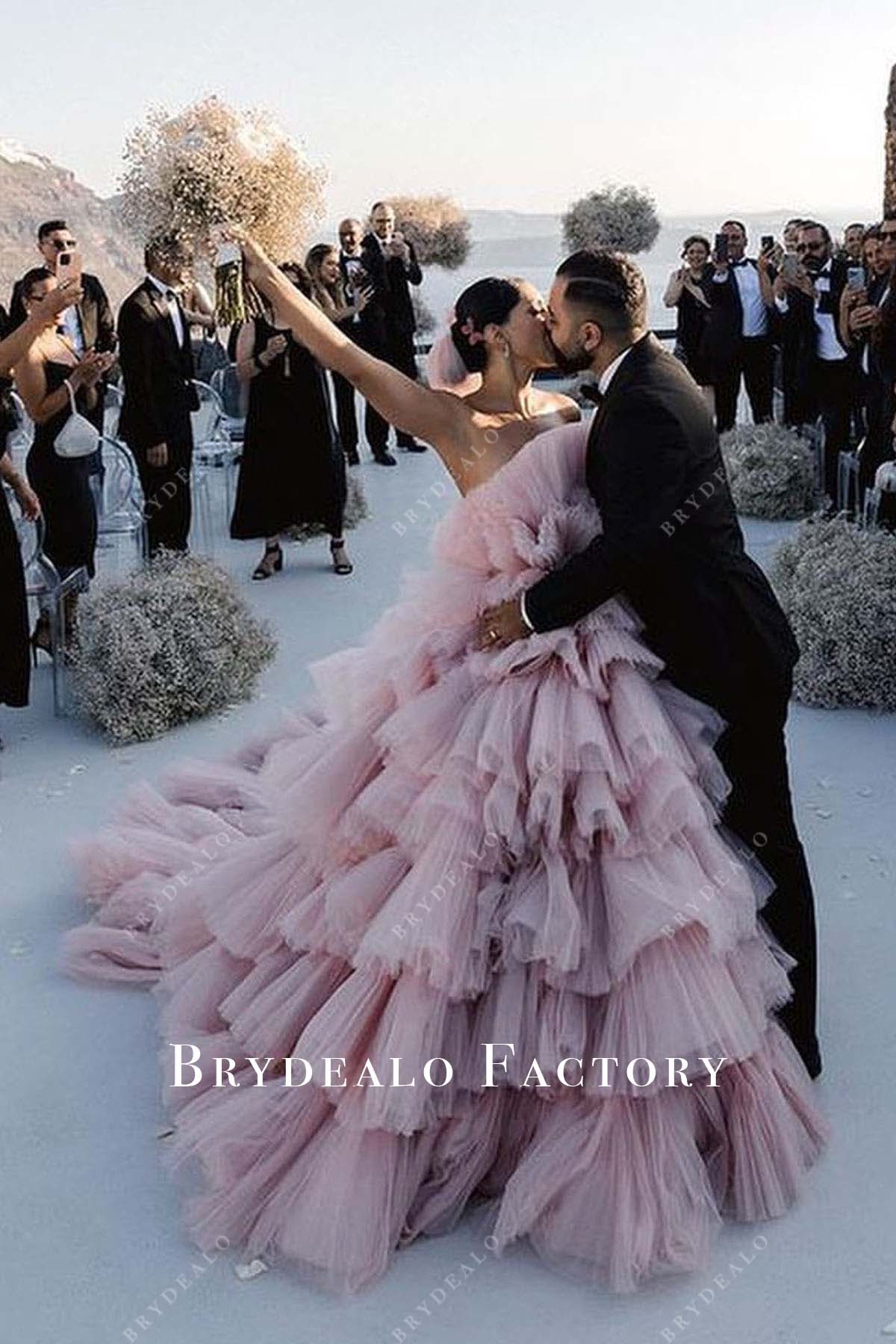 pink ruched tulle strapless wedding dress 