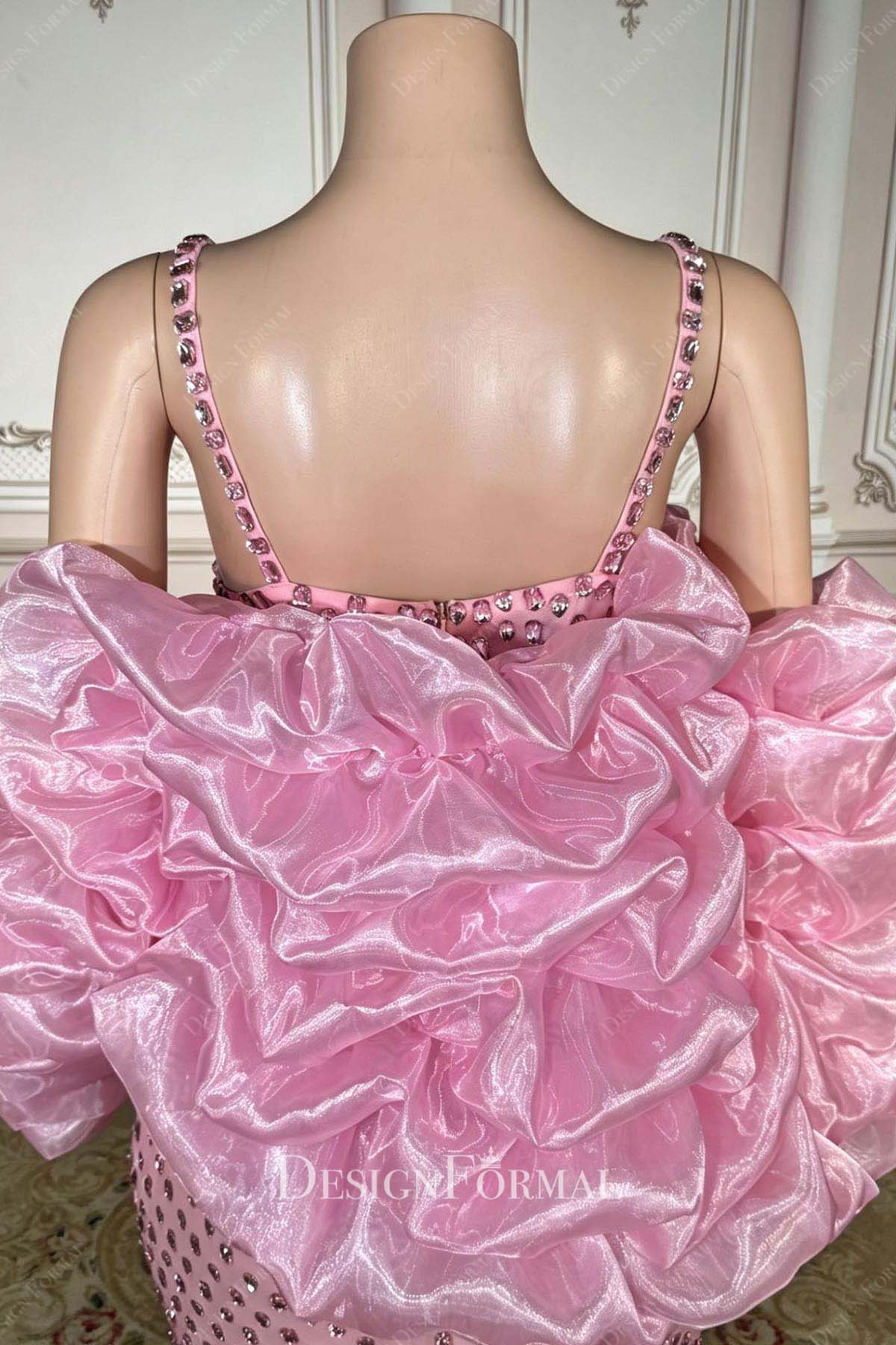 pink ruffled cape formal dress