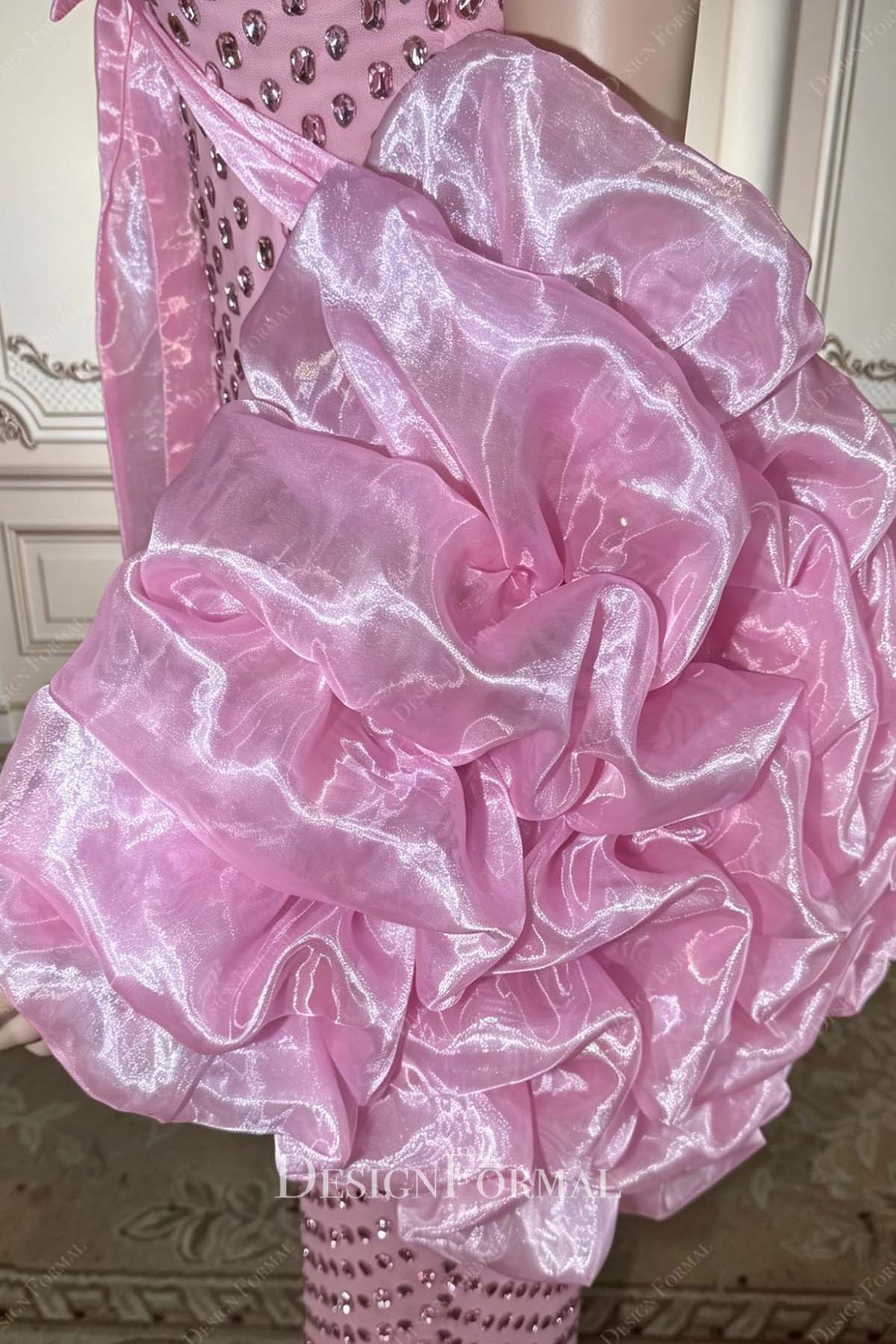 pink ruffled cape prom dress