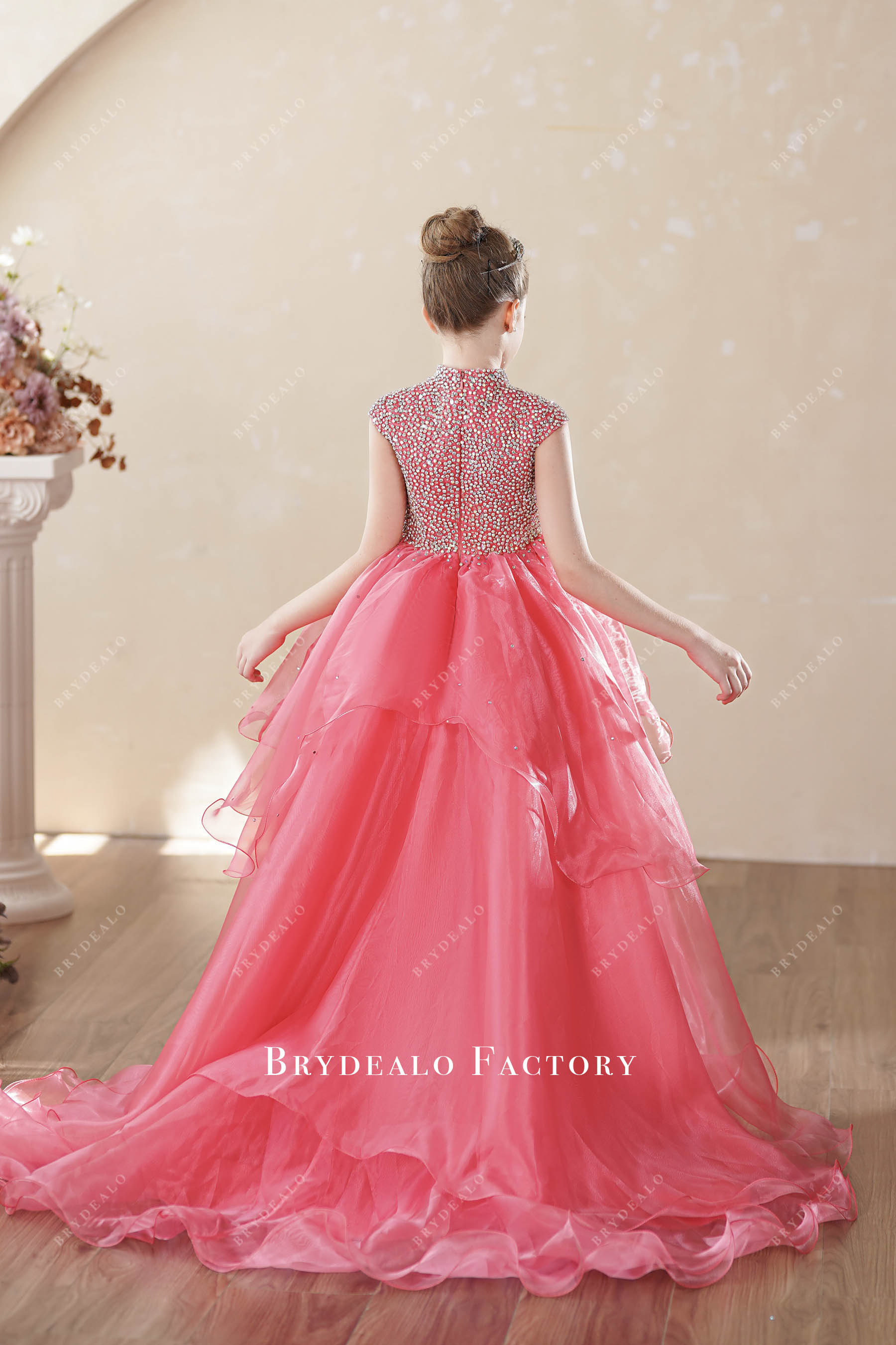 pink ruffled organza rhinestone junior pageant dress