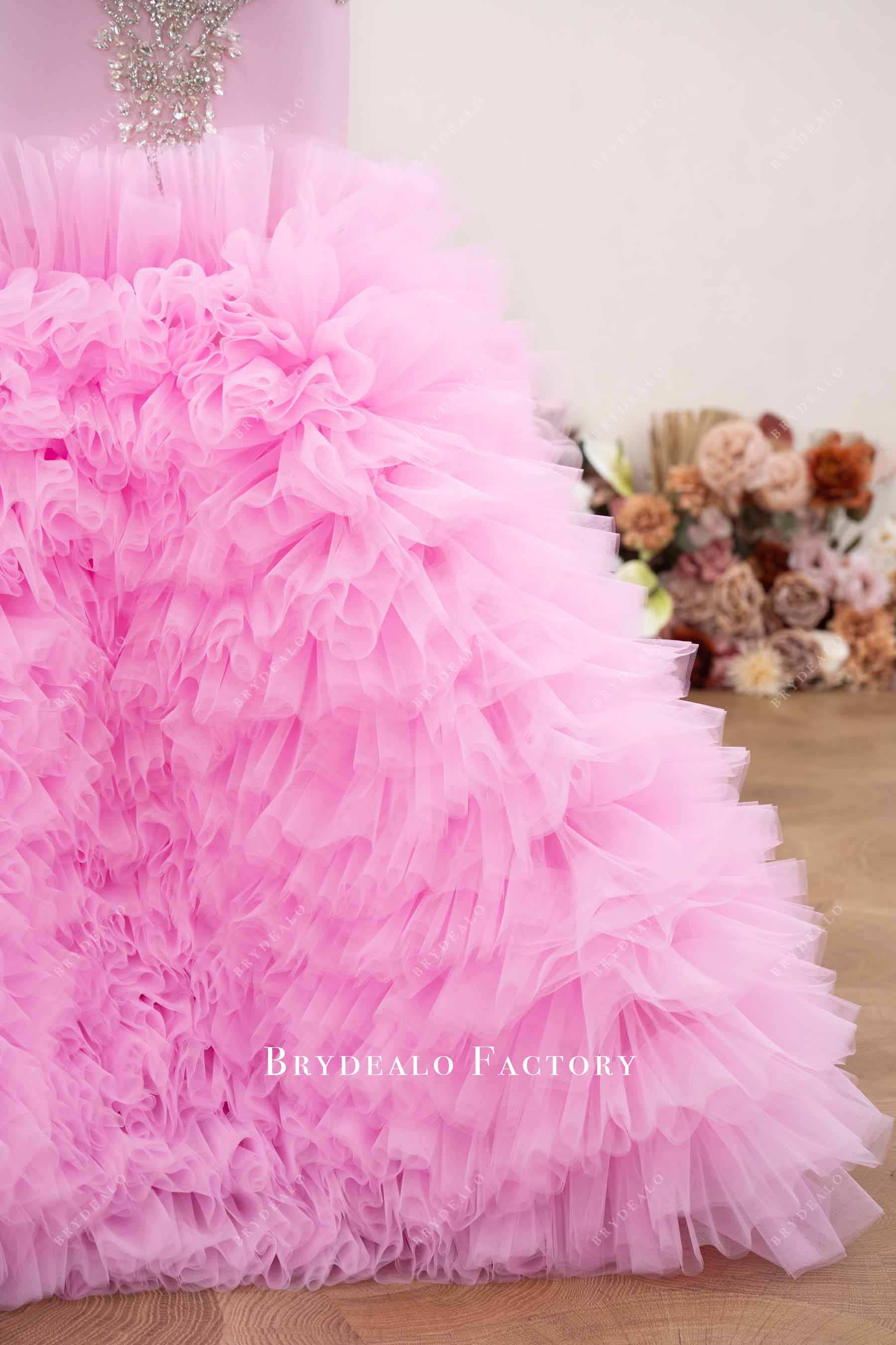 pink ruffled tulle prom gown IS7142