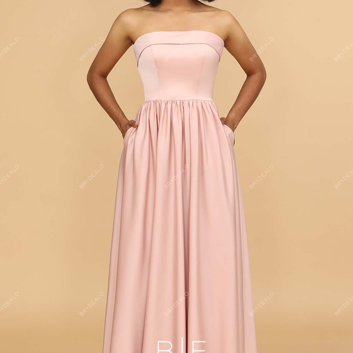 Pearl Pink Satin Strapless Modest Pockets Long Bridesmaid Evening Dress