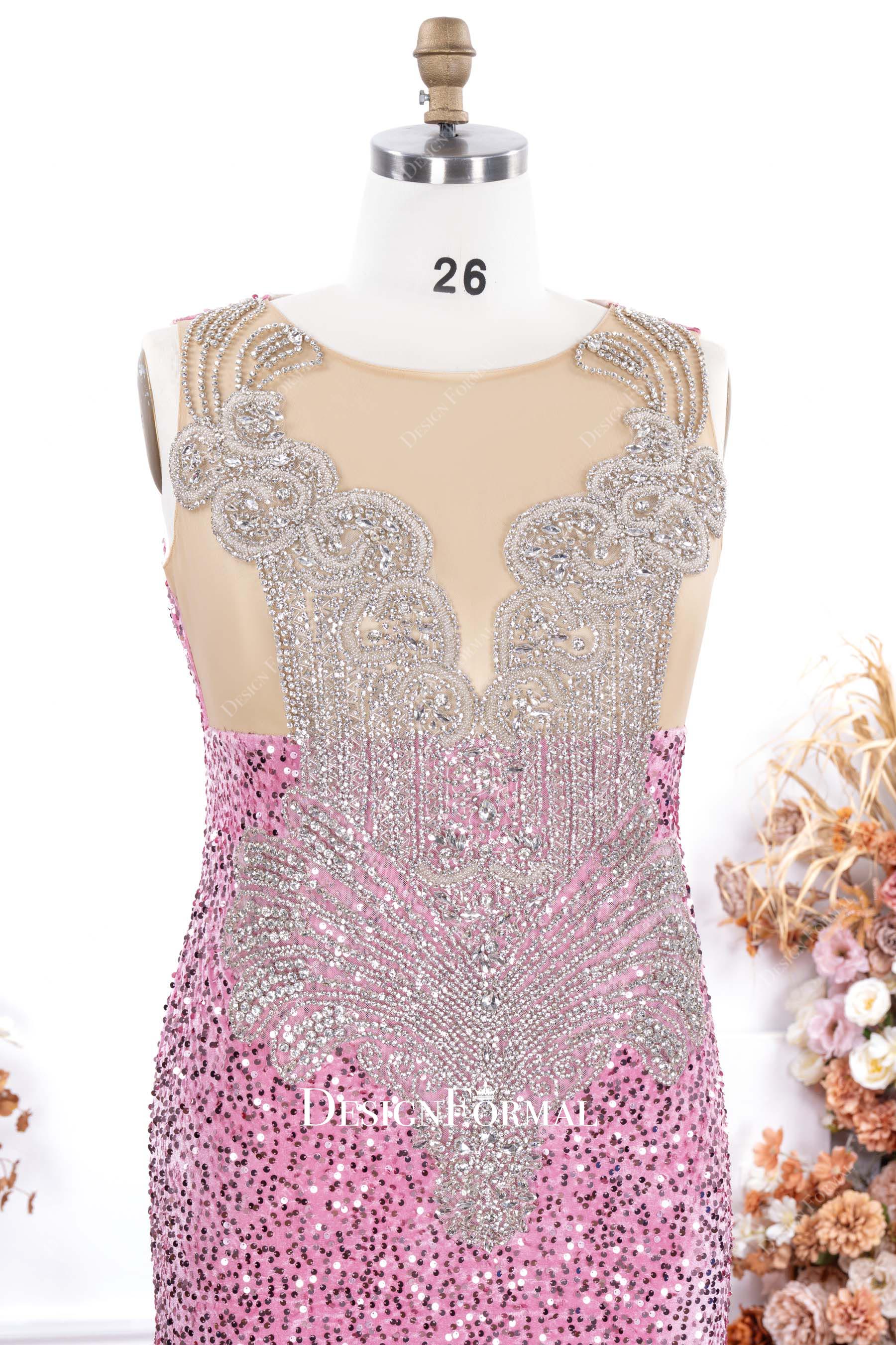 pink sequin illusion neck trumpet prom dress
