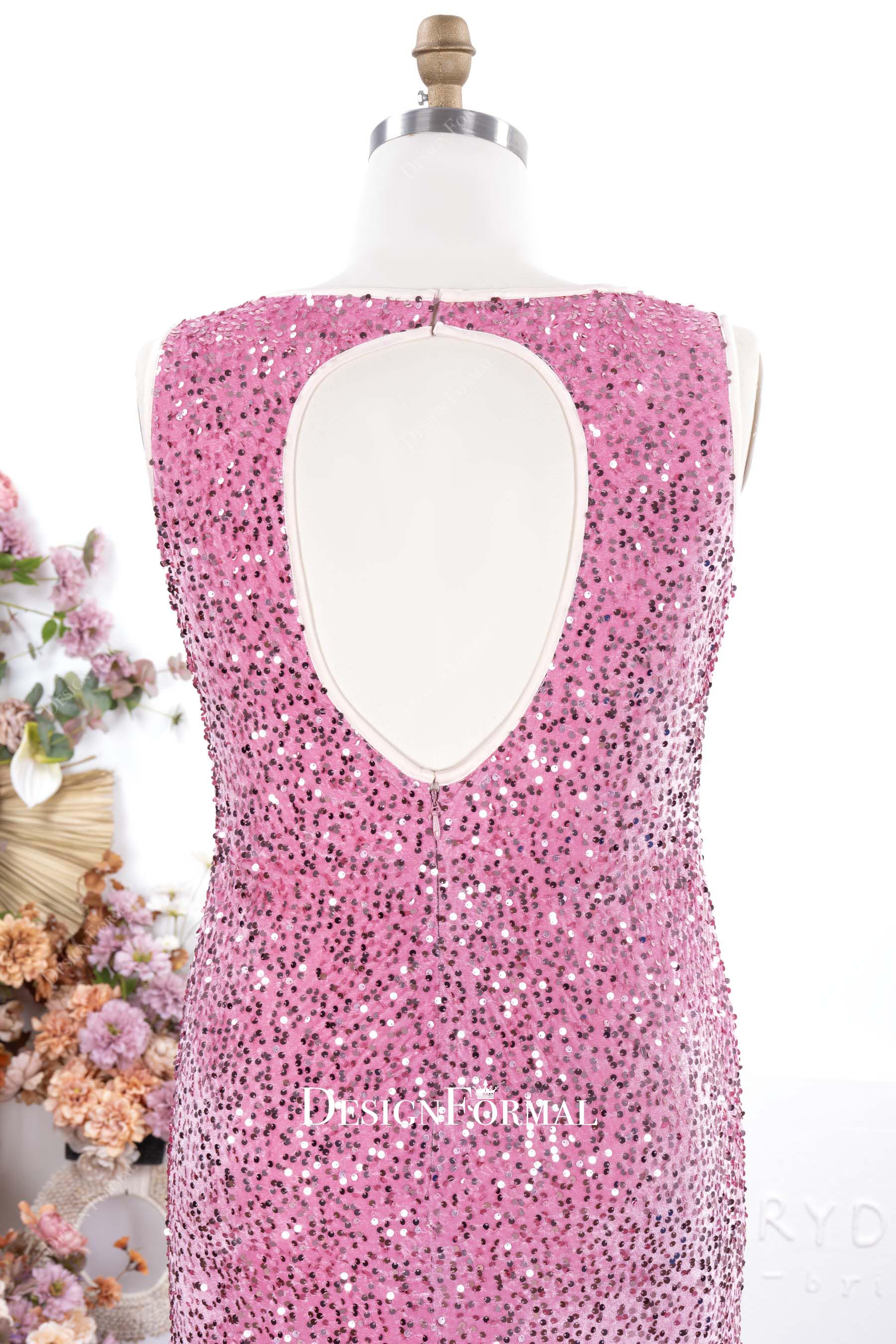pink sequin keyhole back prom dress