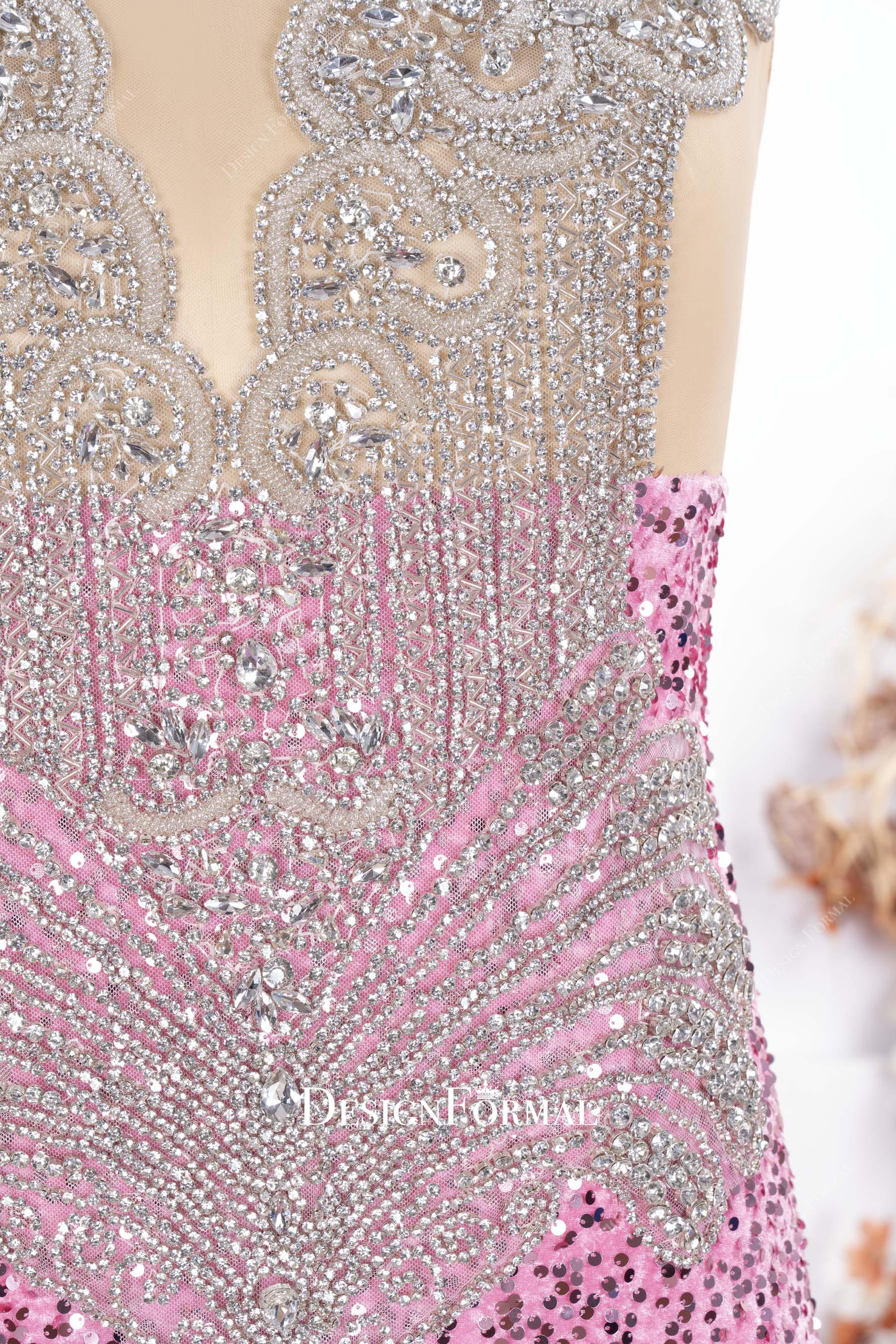 pink sequin rhinestones trumpet prom dress