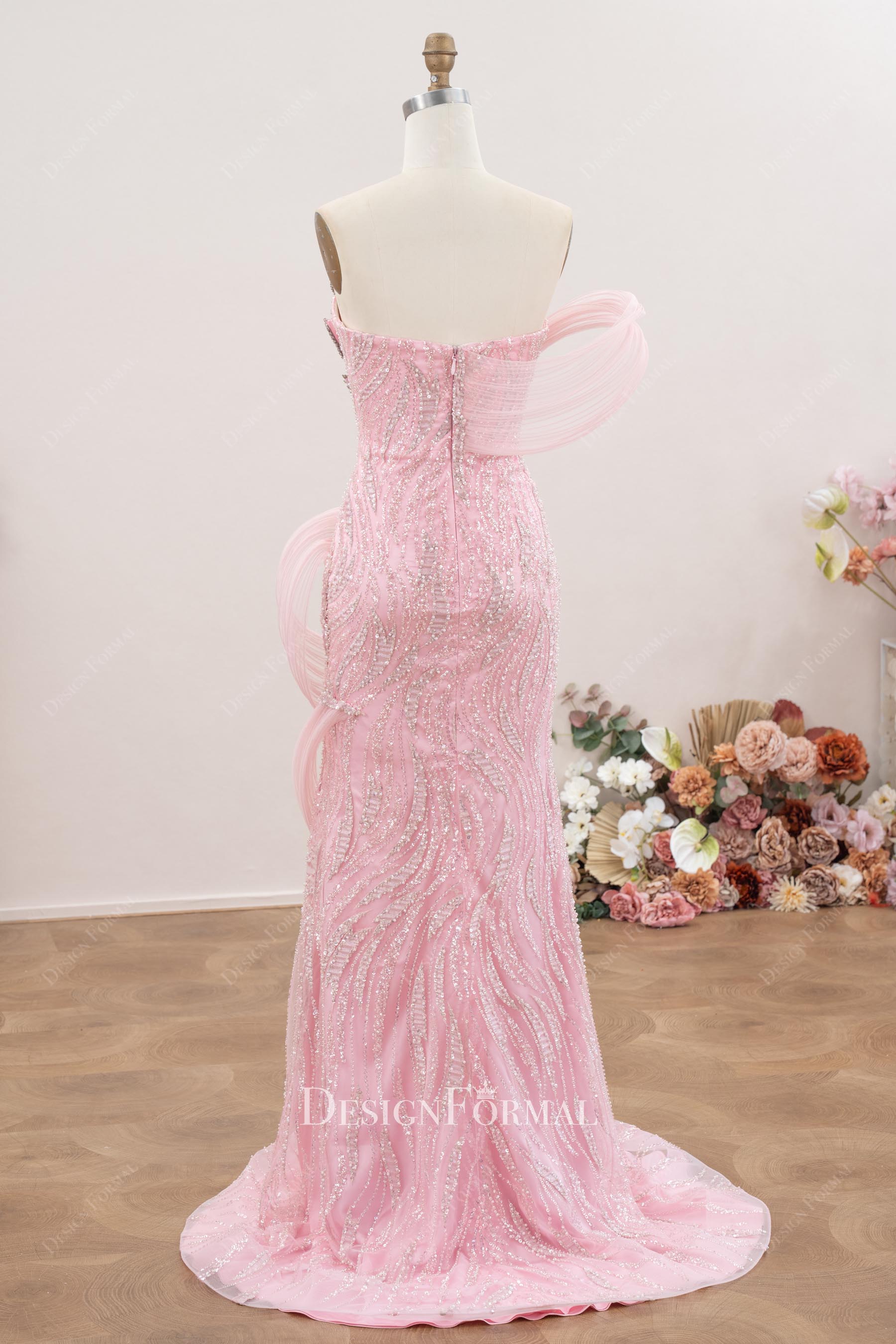 pink sequin strapless mermaid prom dress