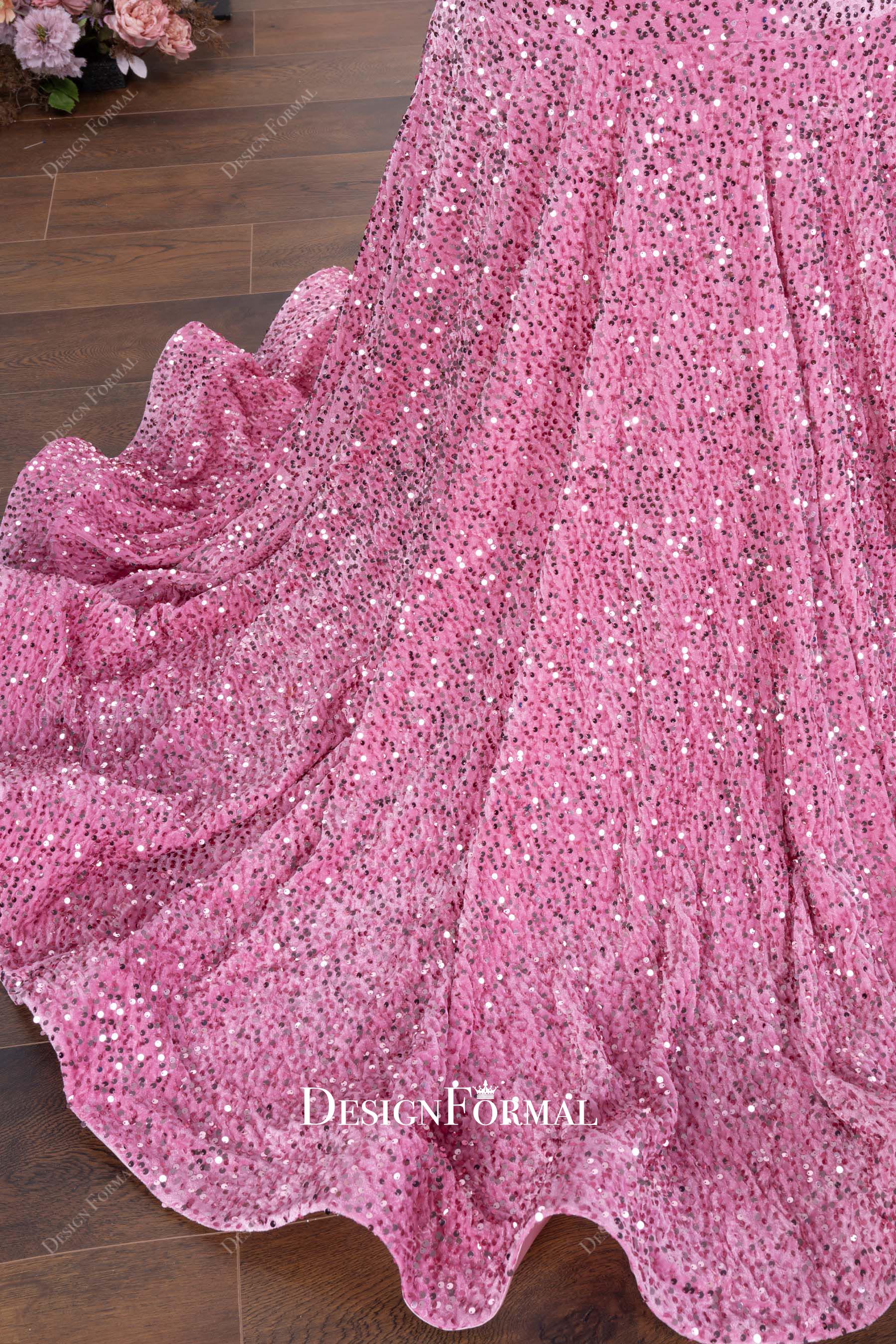 pink sequin trumpet chapel train prom dress