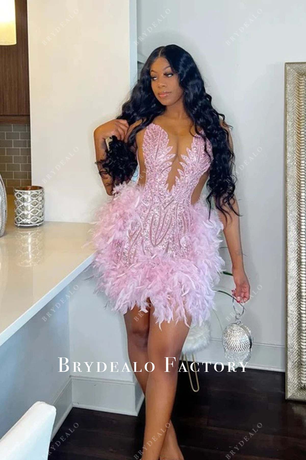 pink sequined feathered mini prom dress