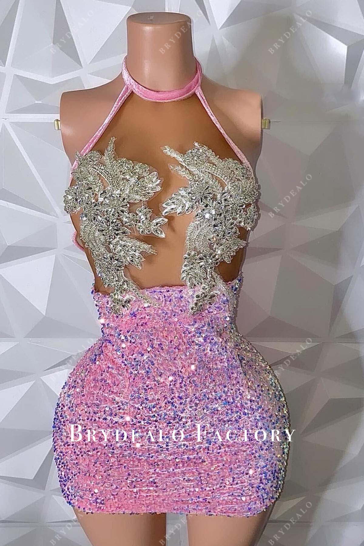 pink sequined halter mini prom cocktail dress