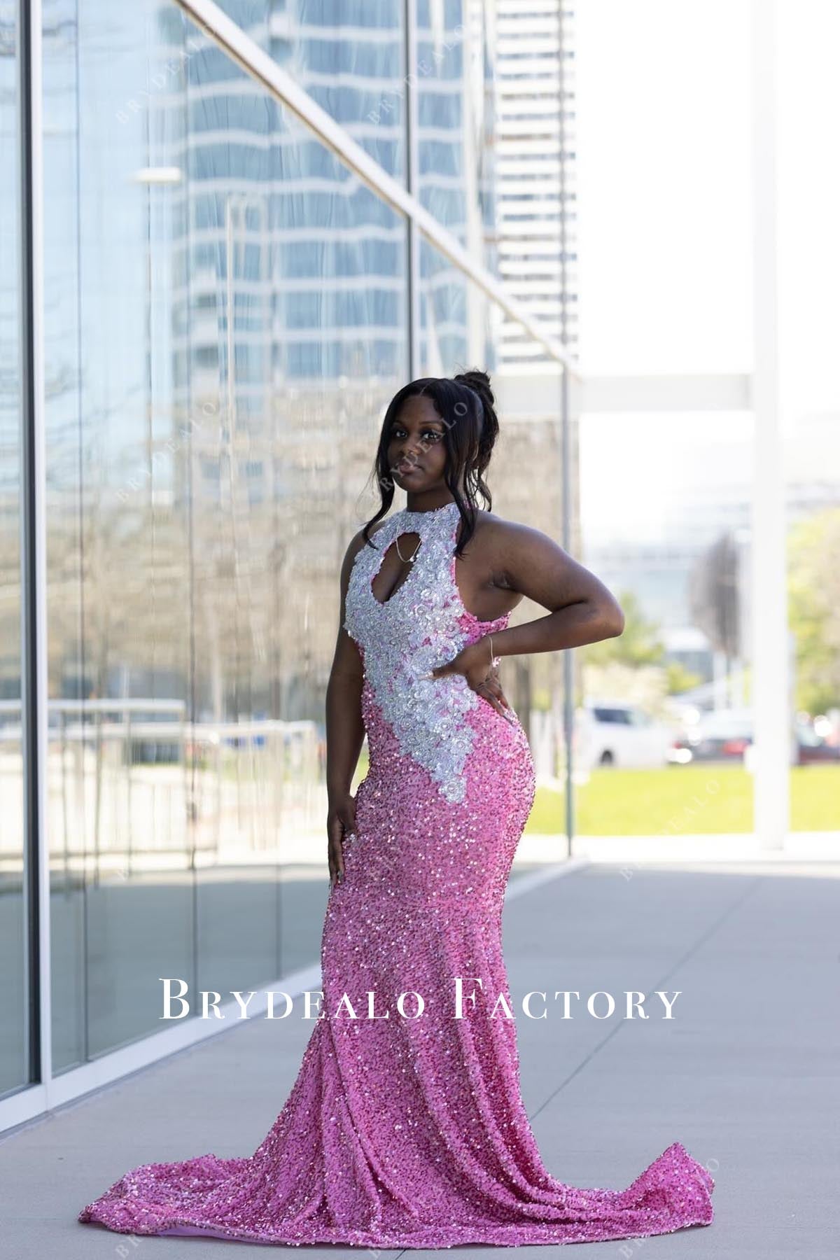 pink sequined high neck prom dress