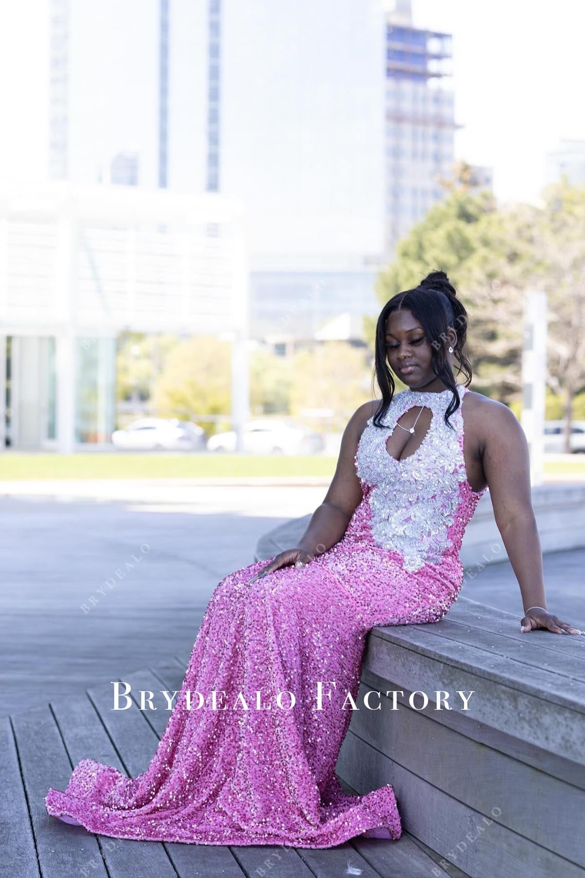 pink sequined keyhole prom dress