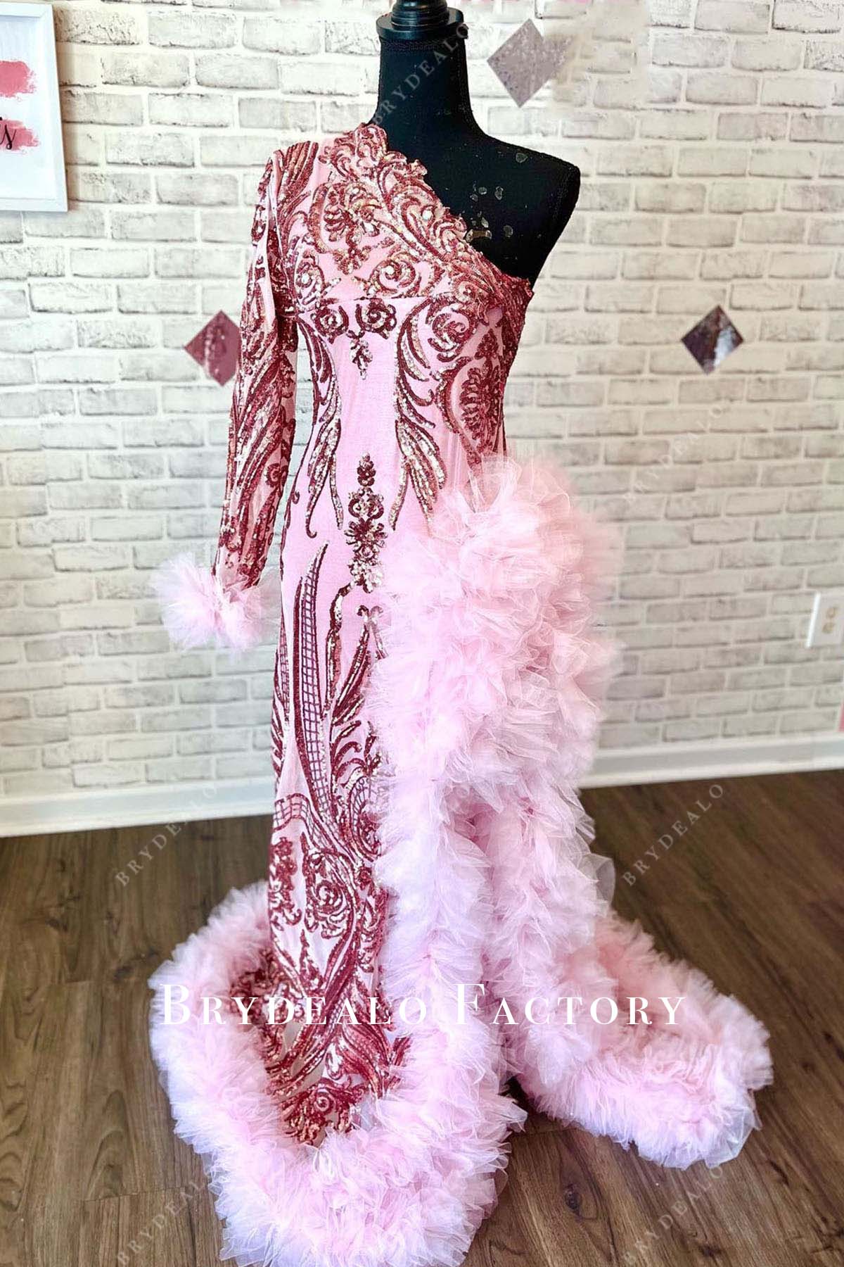 pink sequined thigh slit prom dress