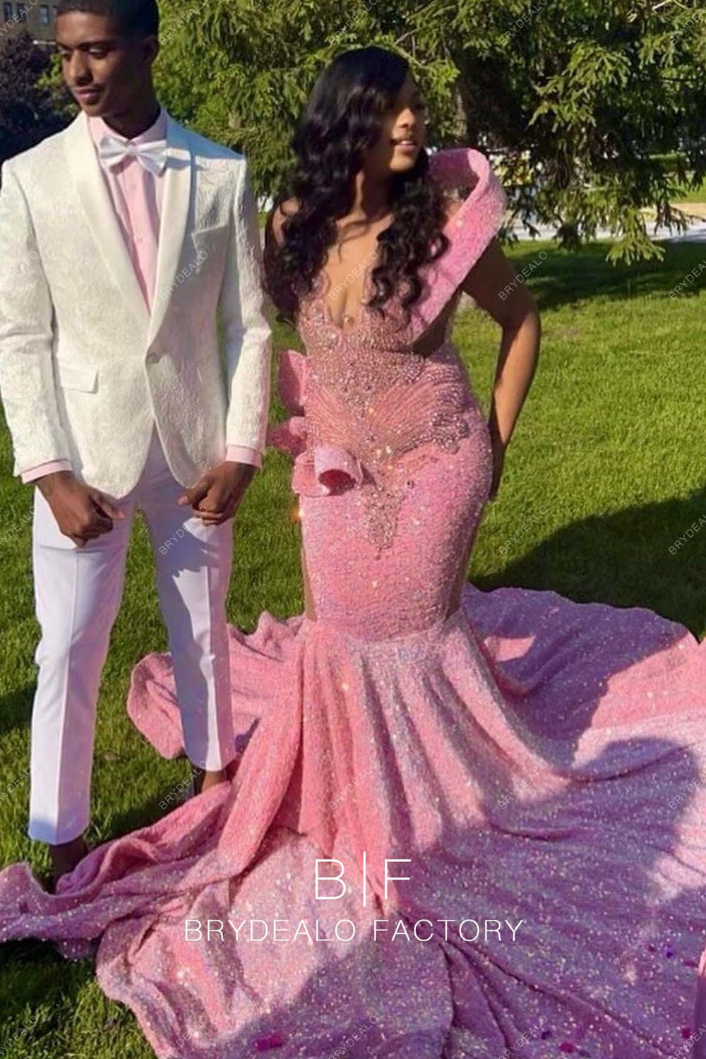 Sparkly Rhinestones Pink Sequins Mermaid Prom Dress