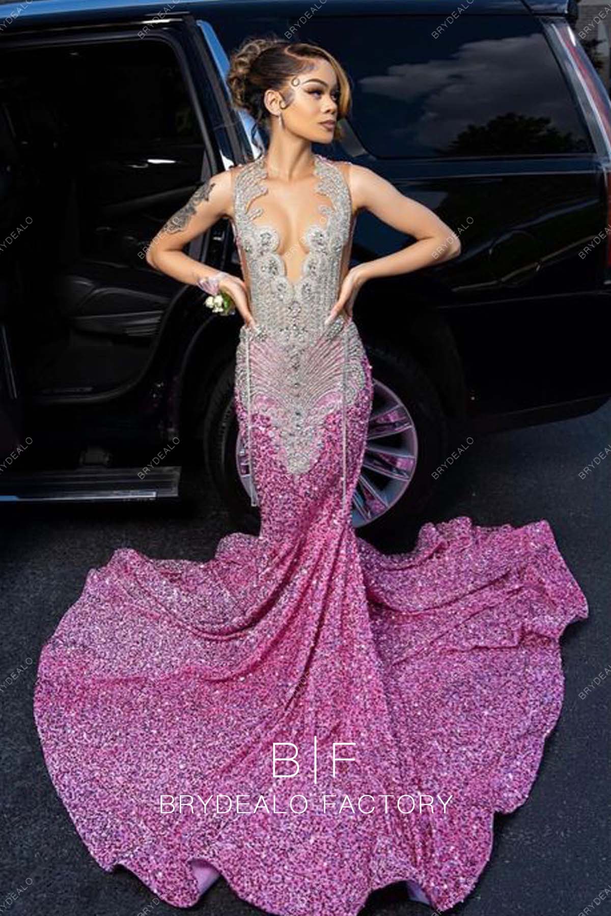 Pink Sequin Popular Rhinestone Sleeveless Mermaid Prom Dress