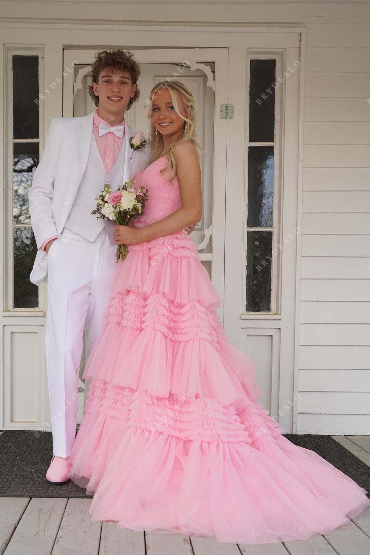 pink sleeveless layered a line homecoming dress