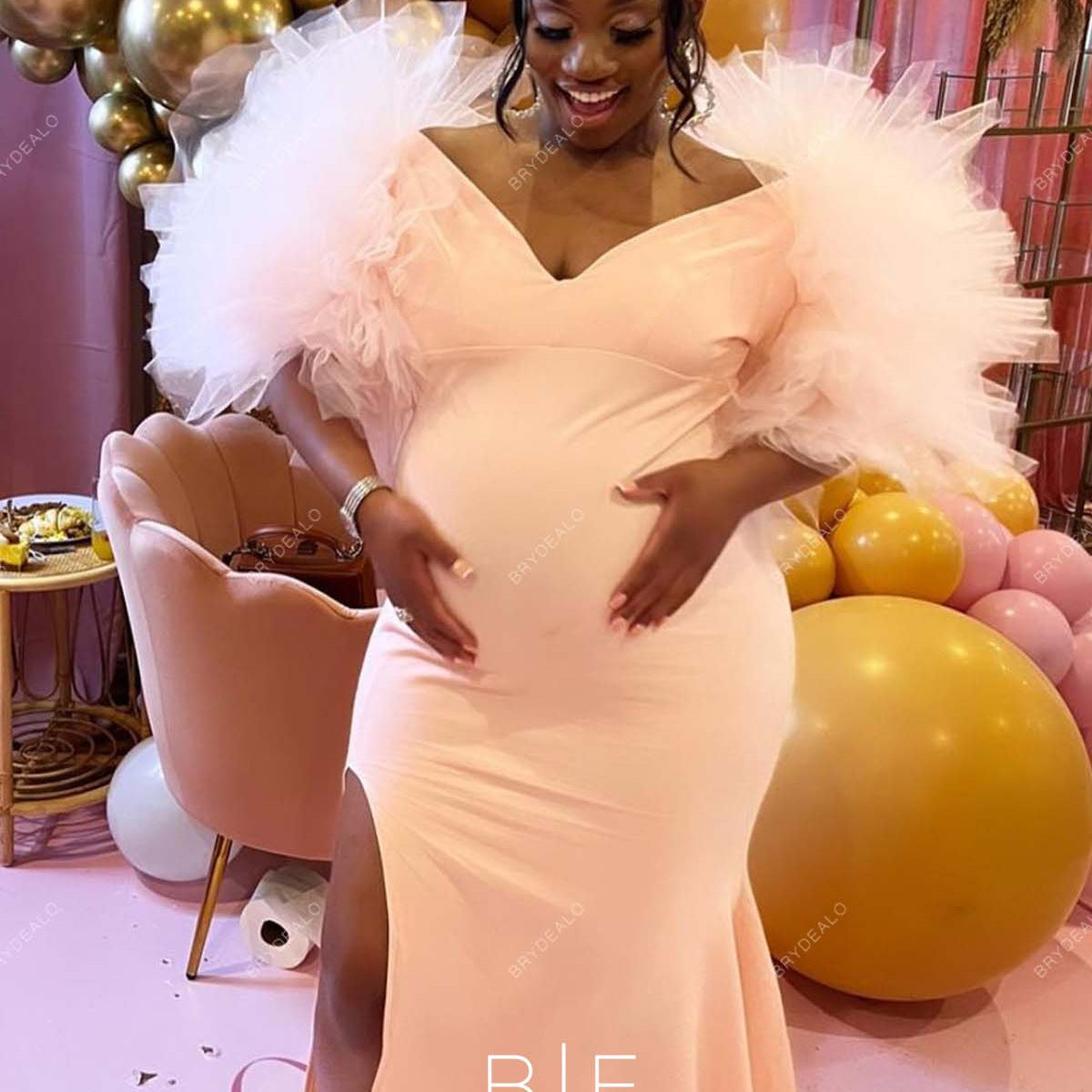 pink mermaid maternity dress Pearl Pink Off-shoulder Spandex Crepe Slit Mermaid Maternity Dress
