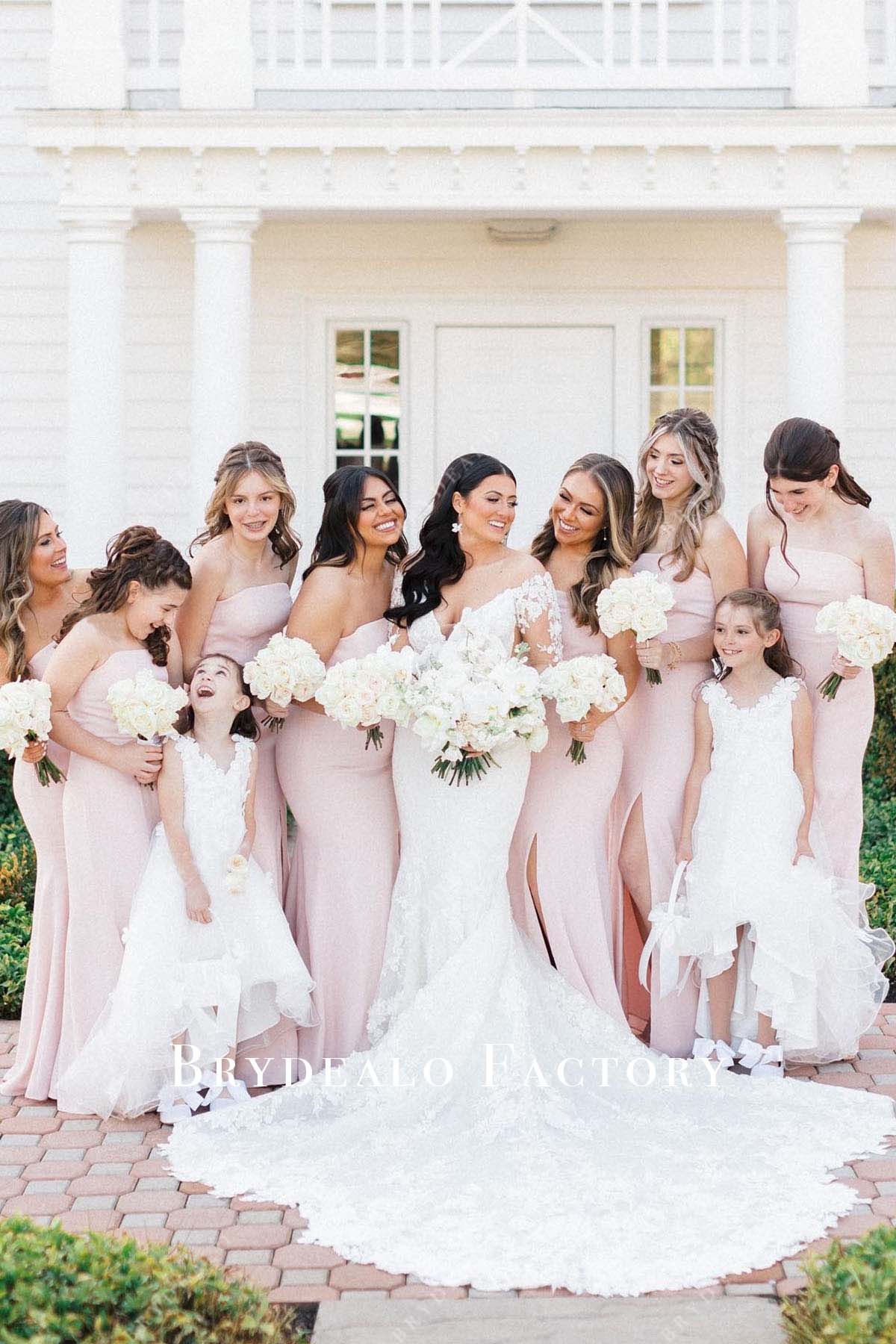 pink straight across slit bridesmaid dress