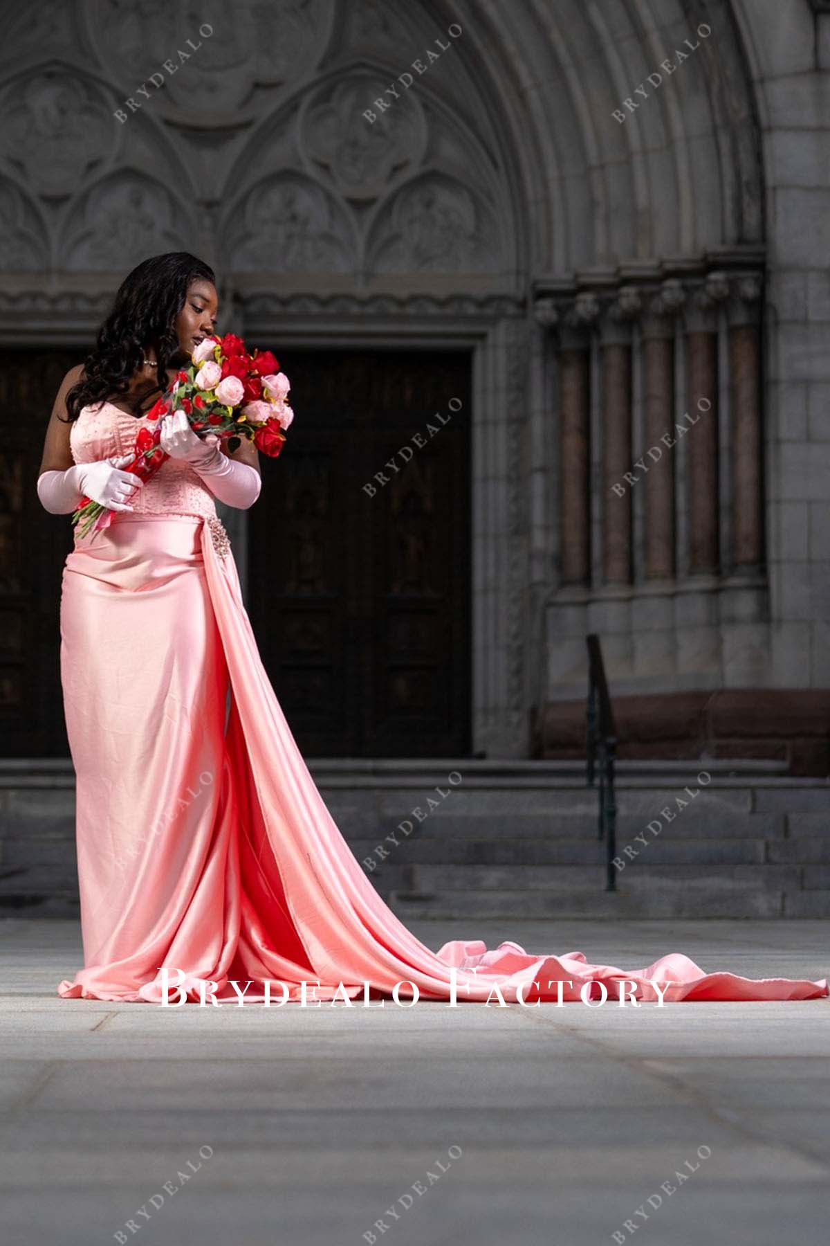 pink strapless long trian prom dress