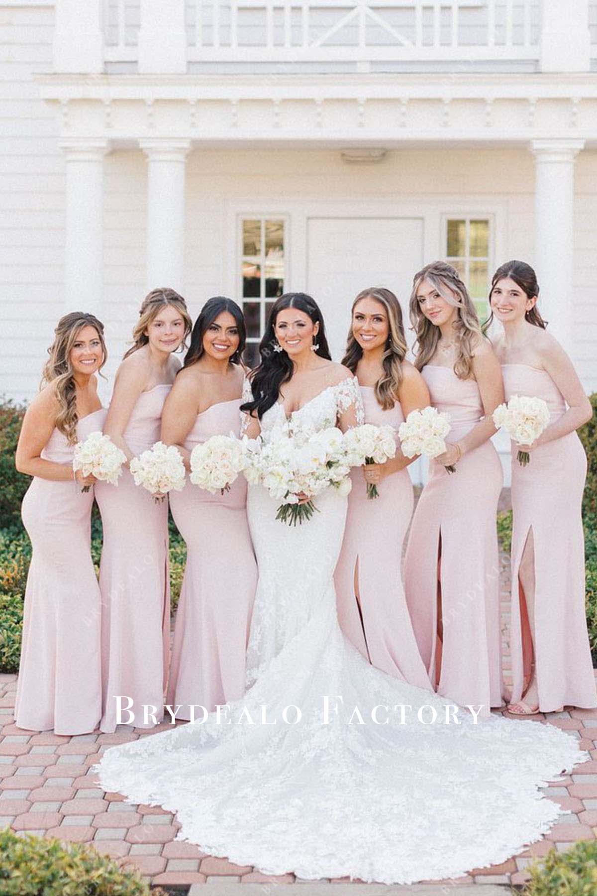 pink strapless slit bridesmaid dress