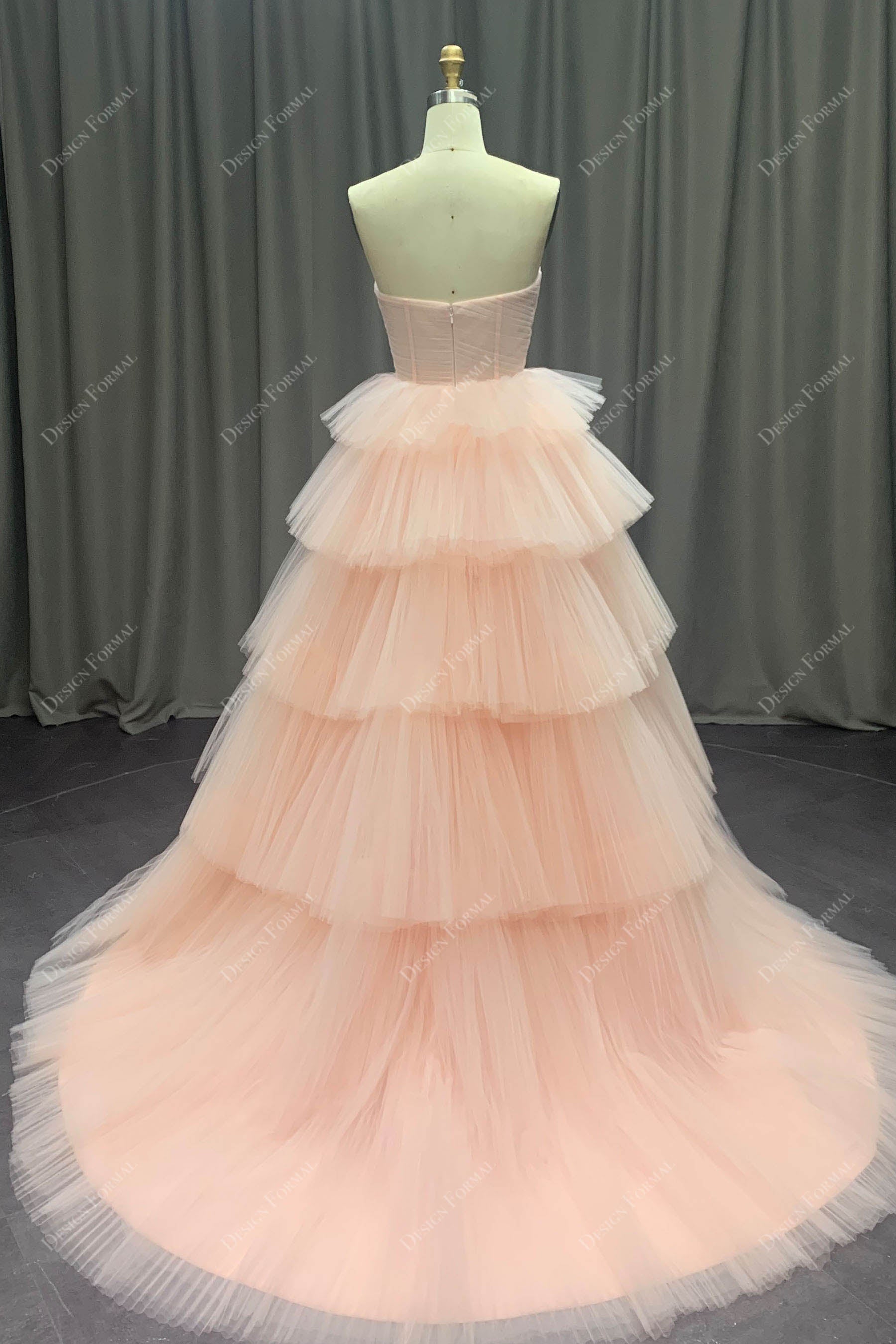 Blushing Pink Designer Tiered Pleated Tulle Prom Bridal Gown