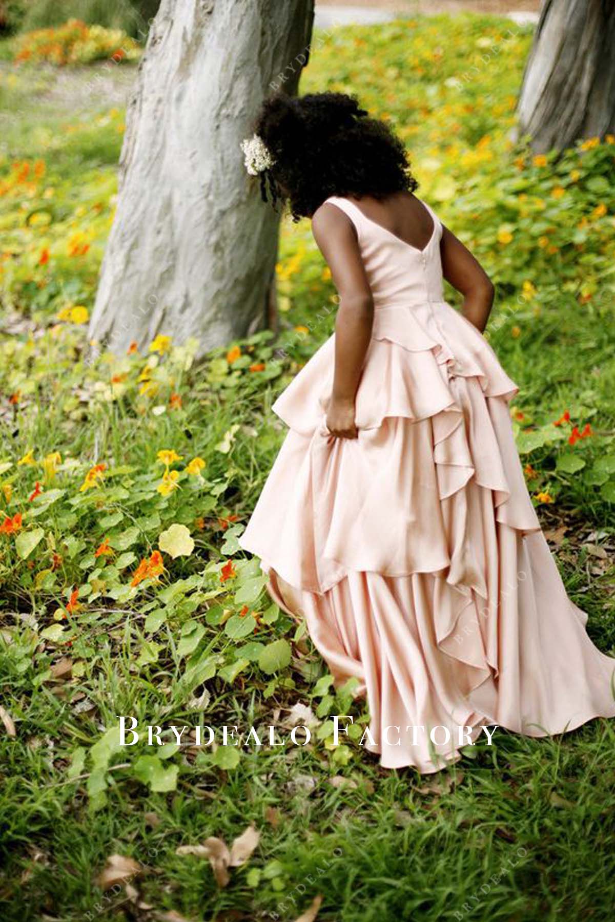 open back long satin flower girl dress