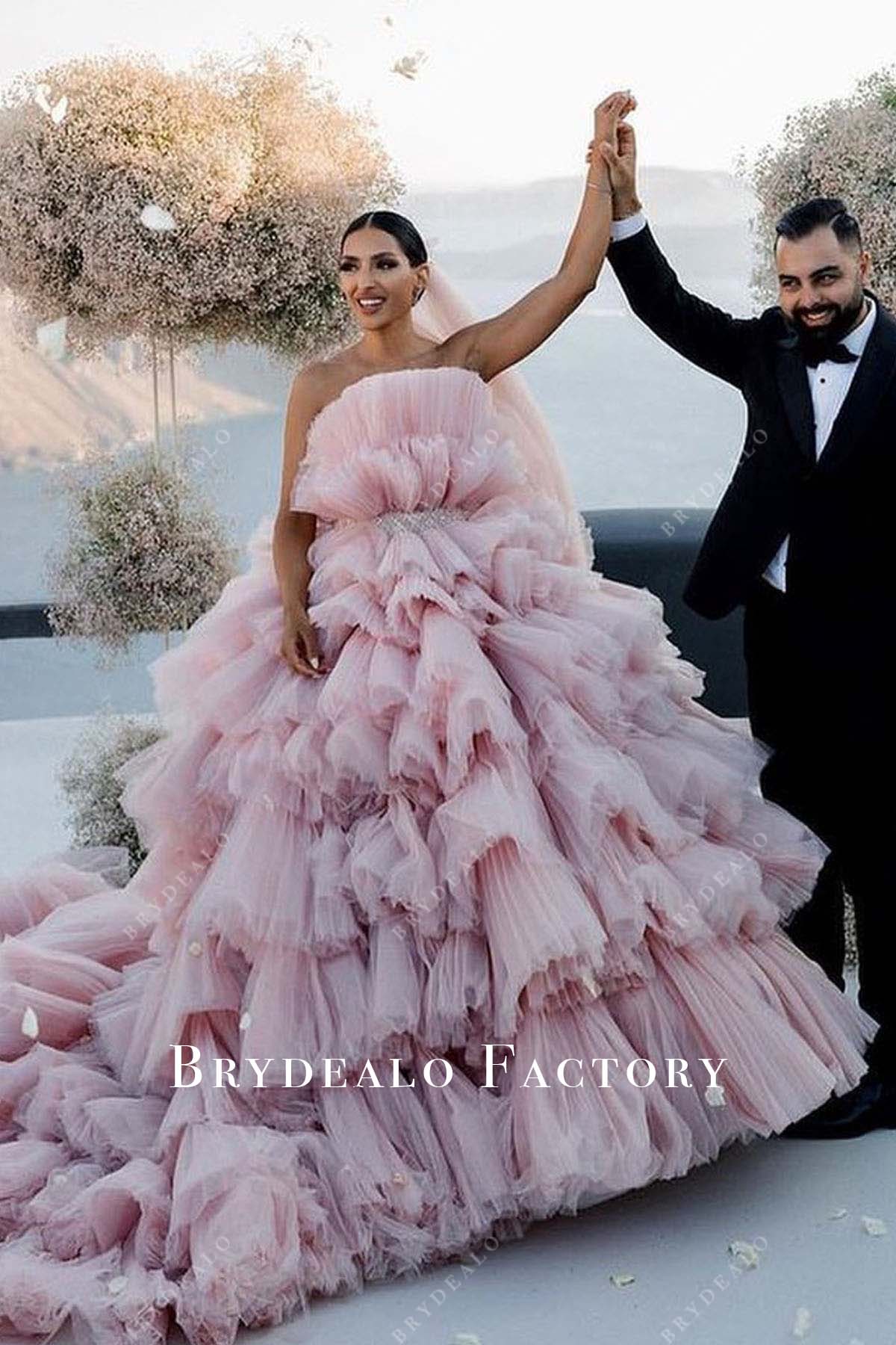 pink tiered tulle wedding dress