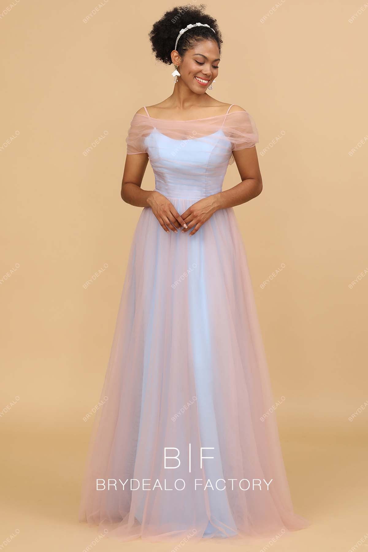 pink tulle blue long bridesmaid dress