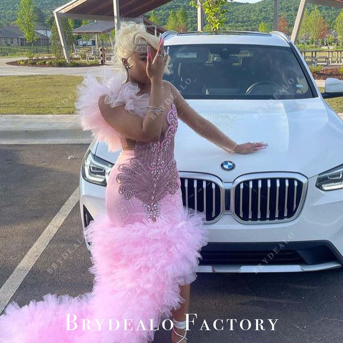 Pink Tulle One Sleeve Long Train Rhinestones Slit Prom Dress