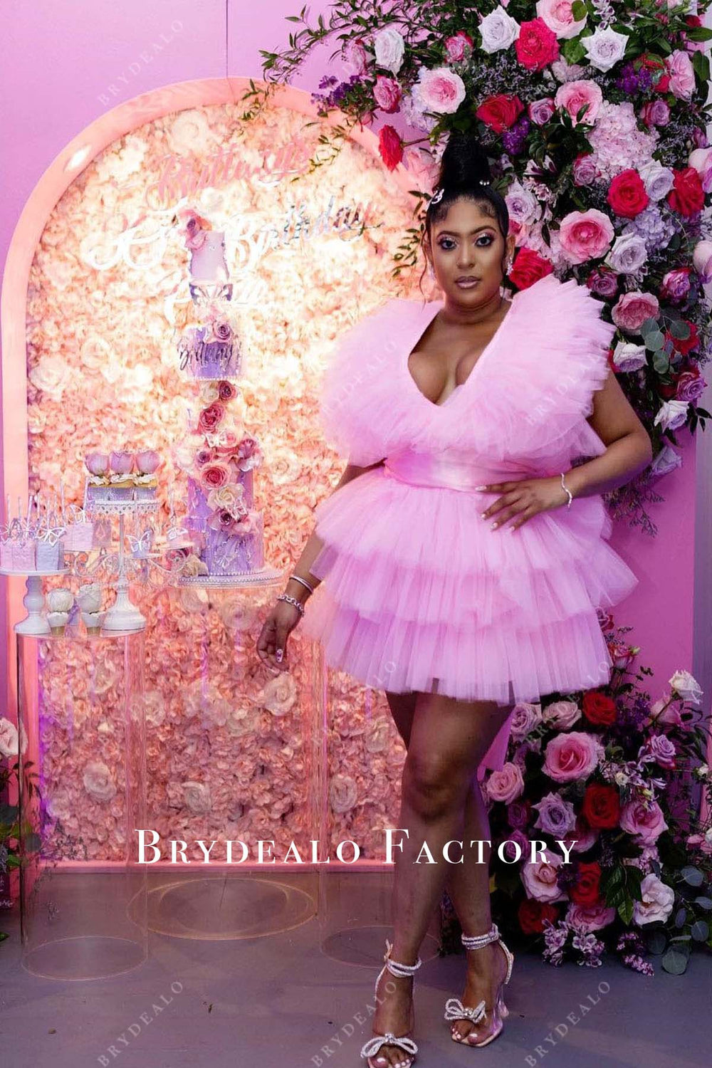 Plus Size Pink Tulle Sleeveless Tiered Short Birthday Cocktail Dress
