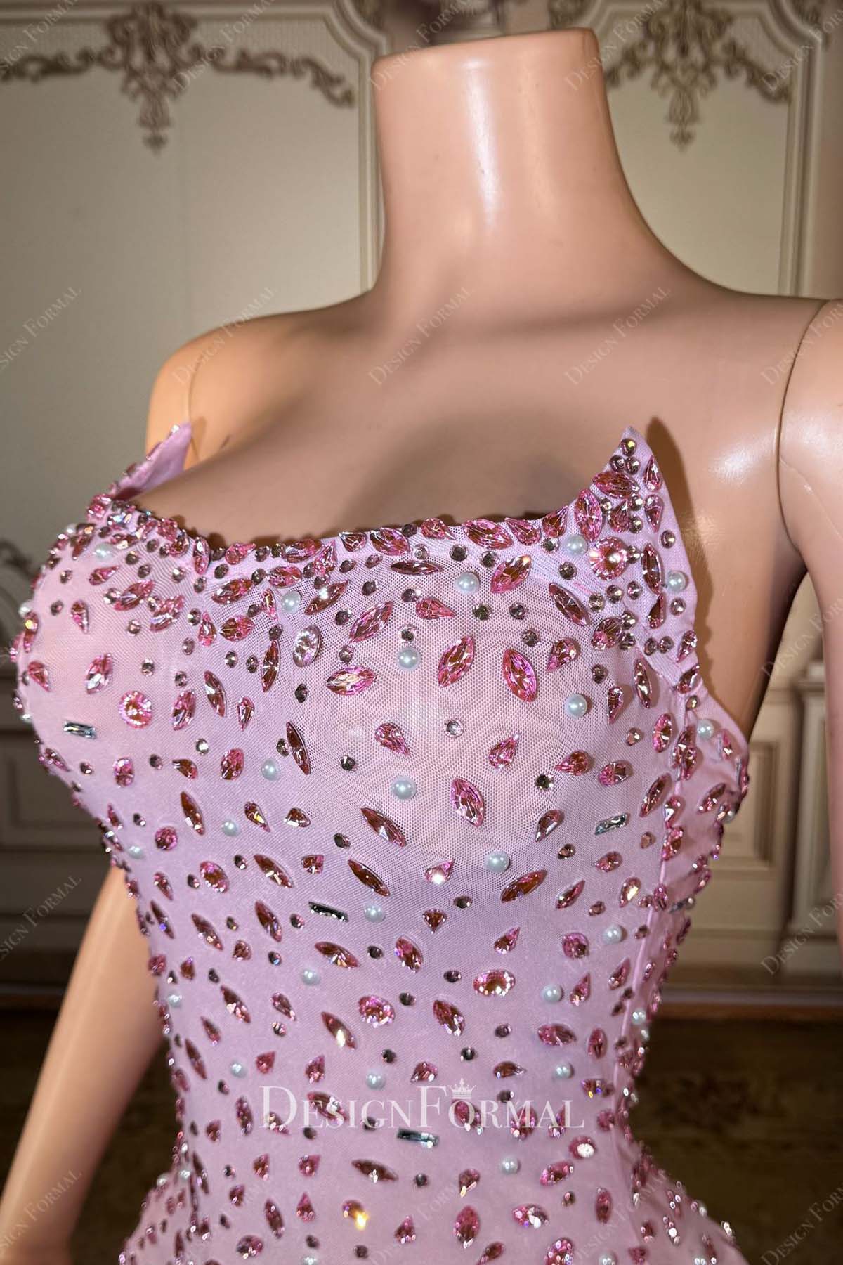 pink tulle pearls v neck prom dress