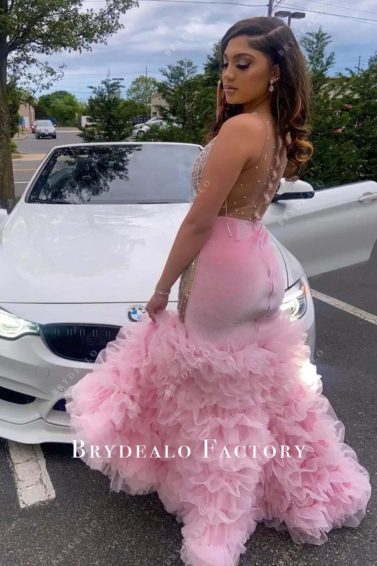 pink tulle sheer back prom dress