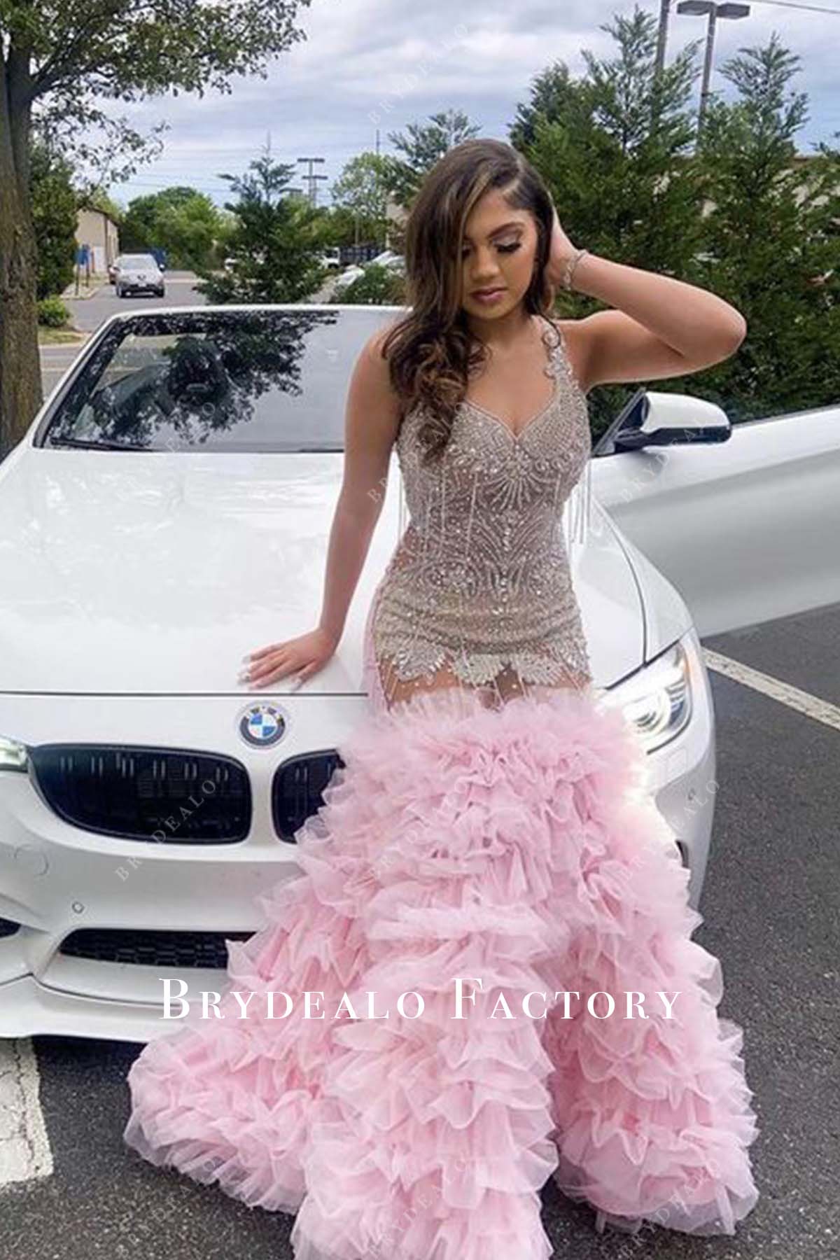 Rhinestones Pink Tiered Tulle Long Trumpet Prom Dress