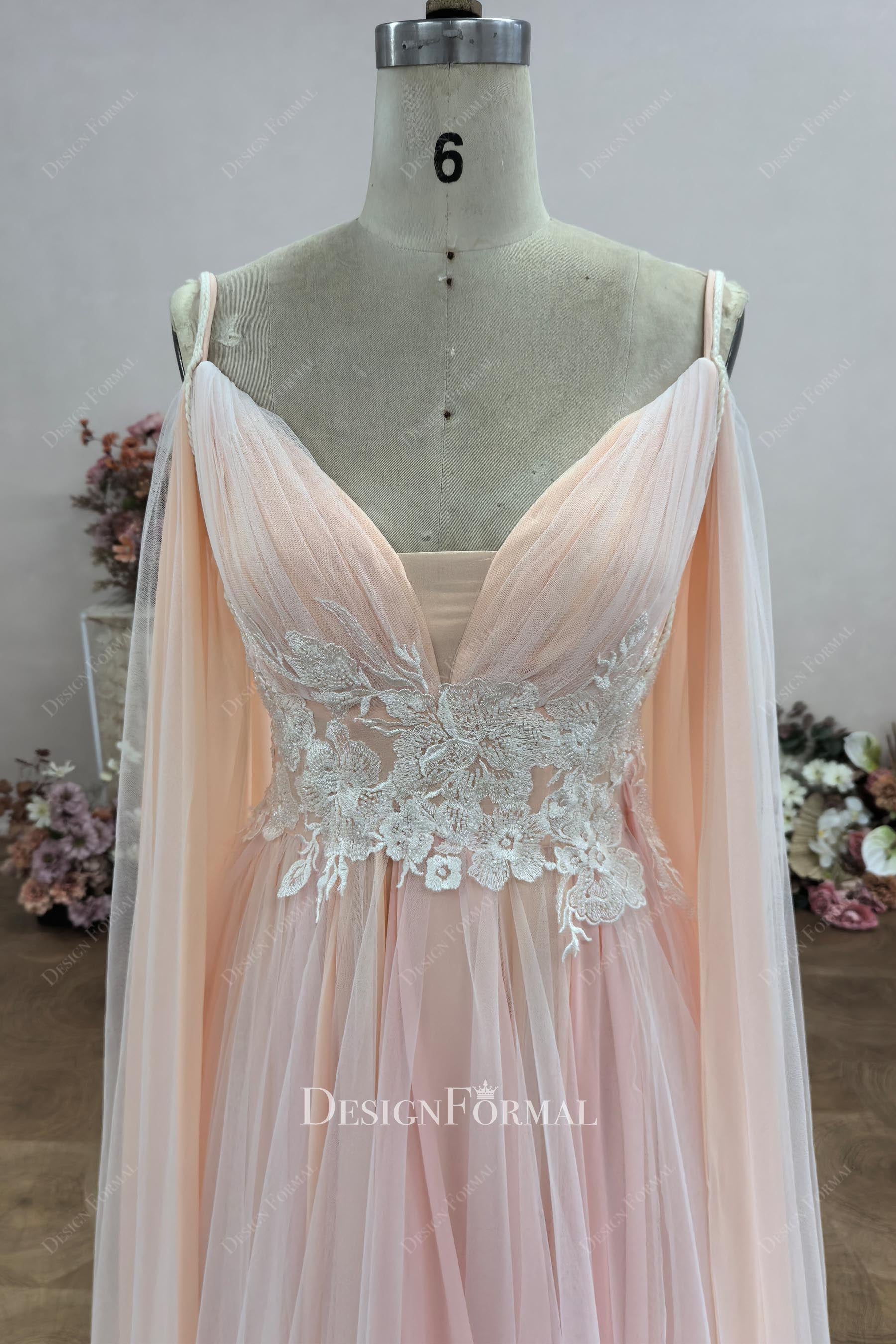 pinkish boho lace tulle wedding dress