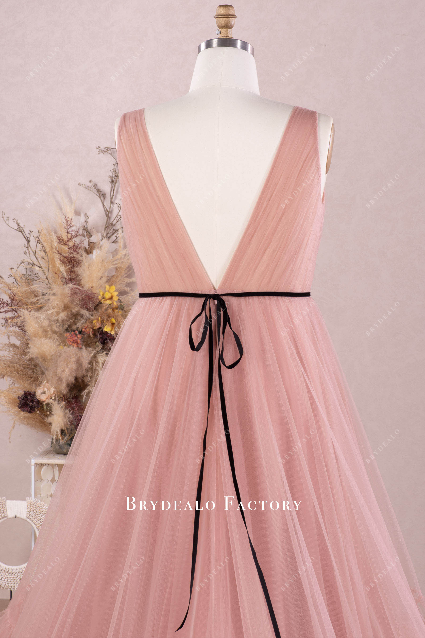 sleeveless pleated tulle V-back plus size gown