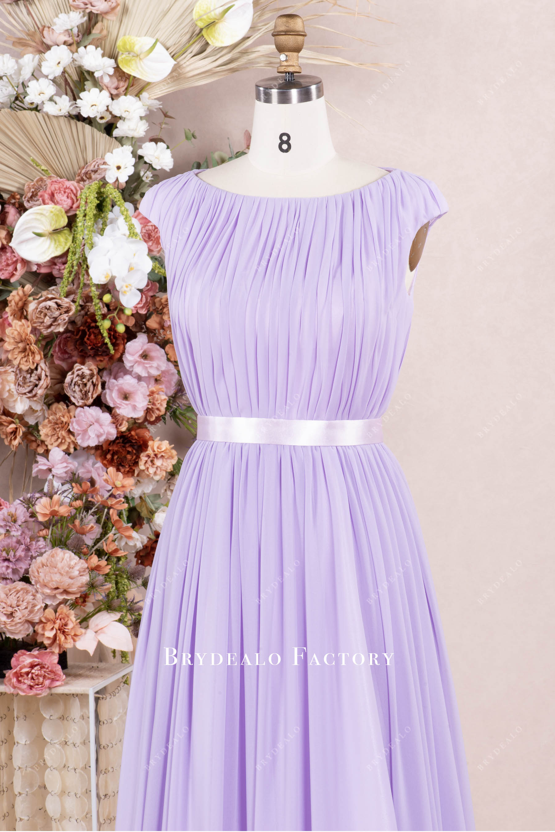 pleated chiffon cap sleeve bridesmaid dress