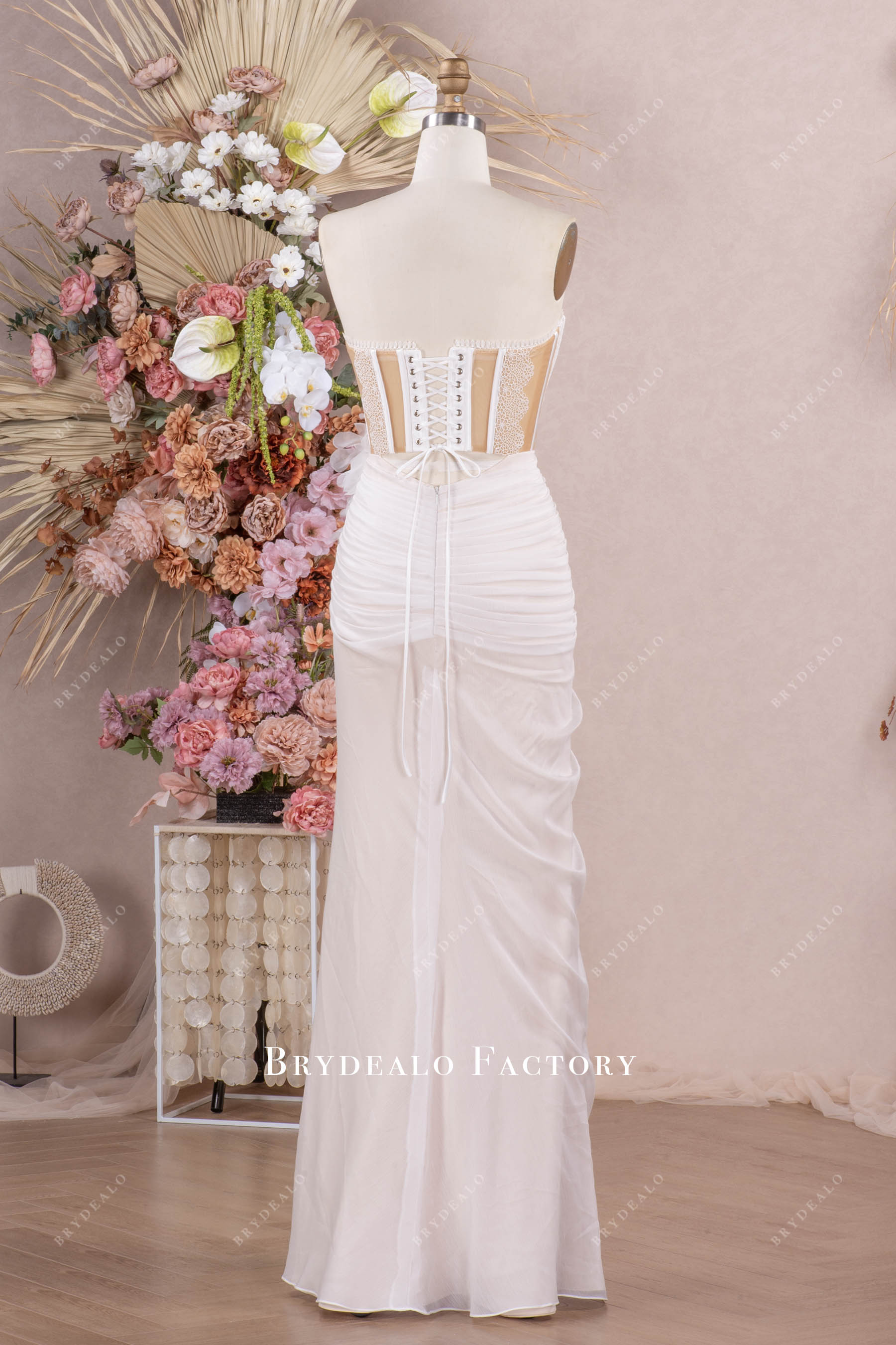 Strapless Illusion Corset Slit Chiffon 2 In 1 Beach Wedding Dress