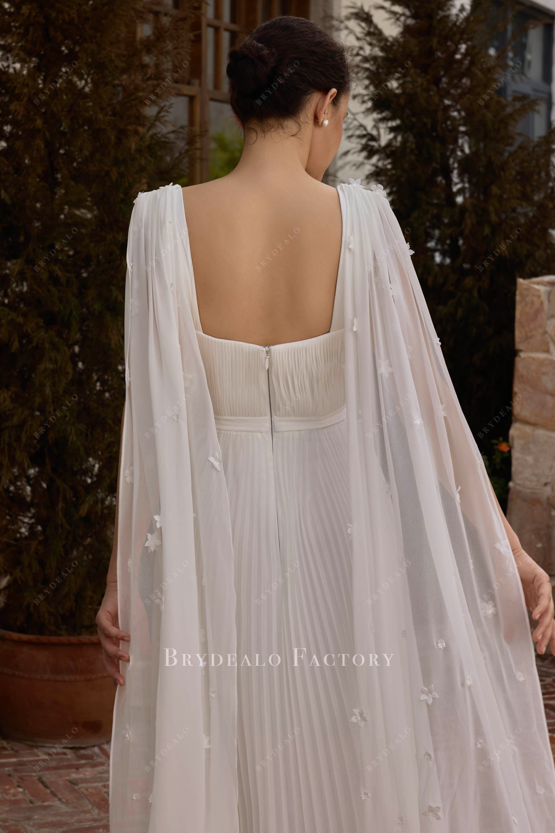 pleated chiffon flowy streamer bridal gown