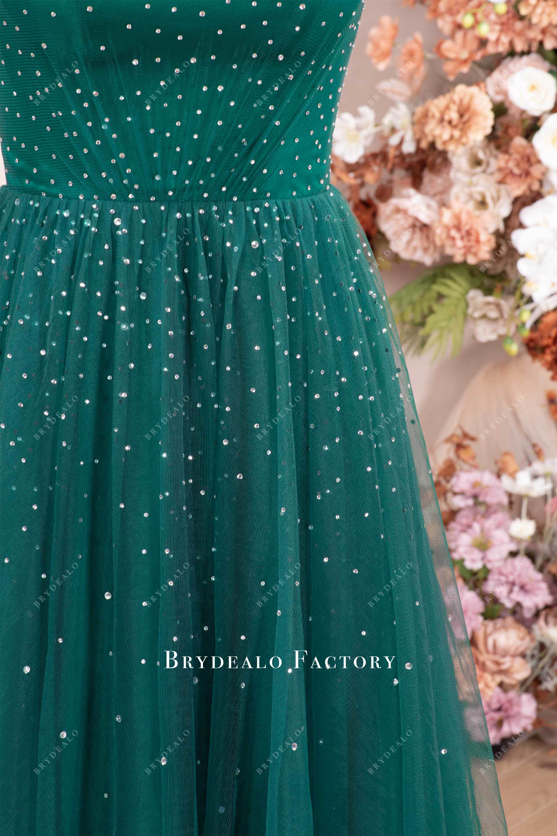 custom gathering tulle green prom dress