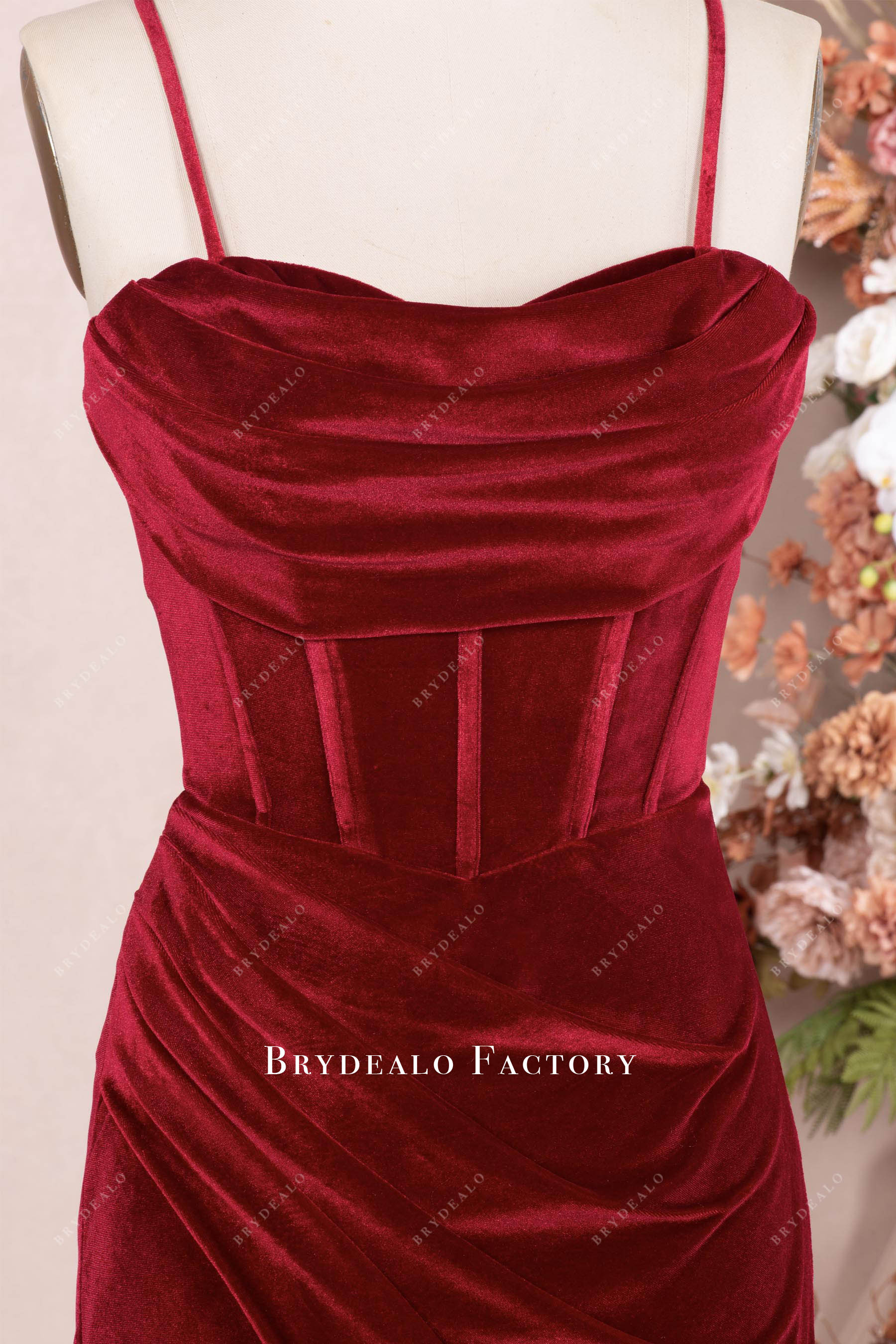 cowl neck corset spaghetti straps formal dress
