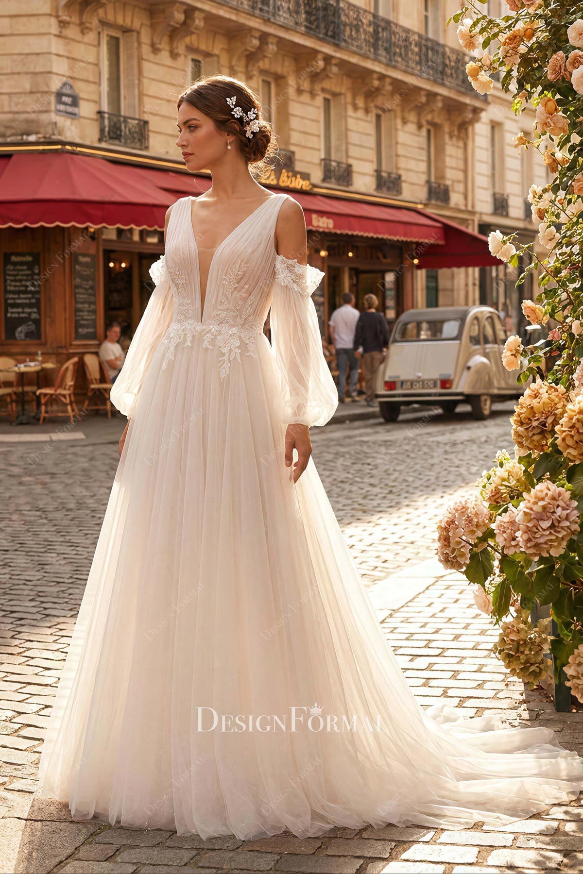 pleated tulle a line wedding dress