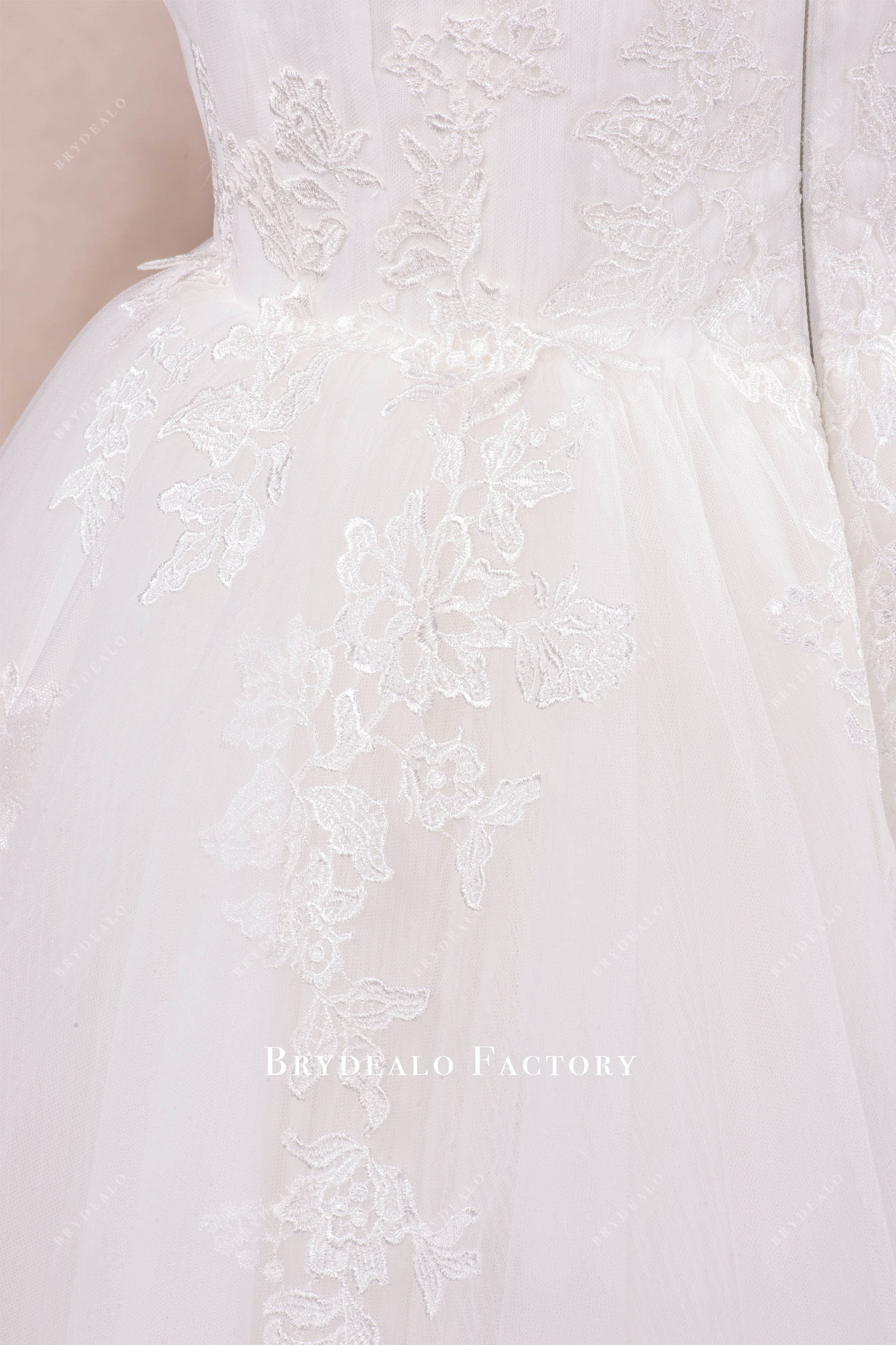 pleated tulle lace white wedding dress