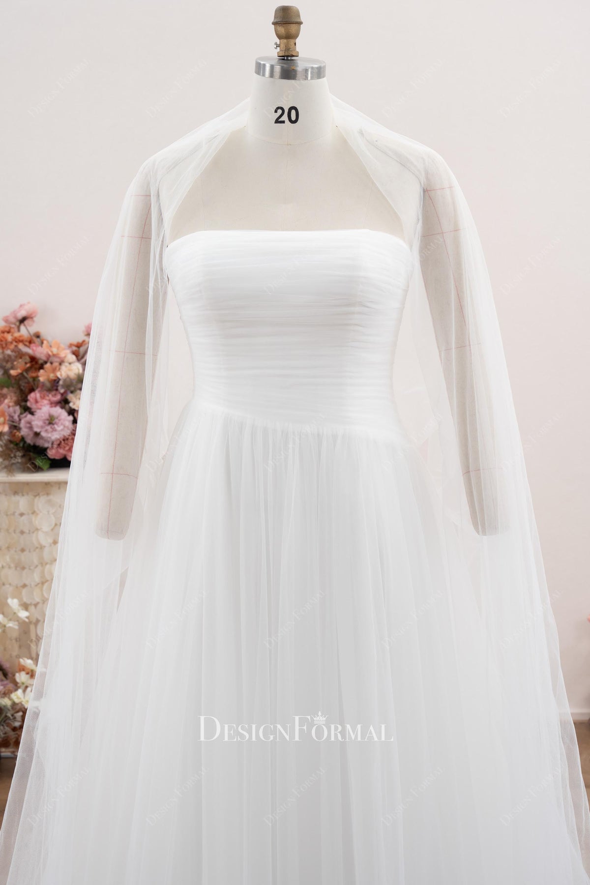 pleated tulle strapless wedding dress