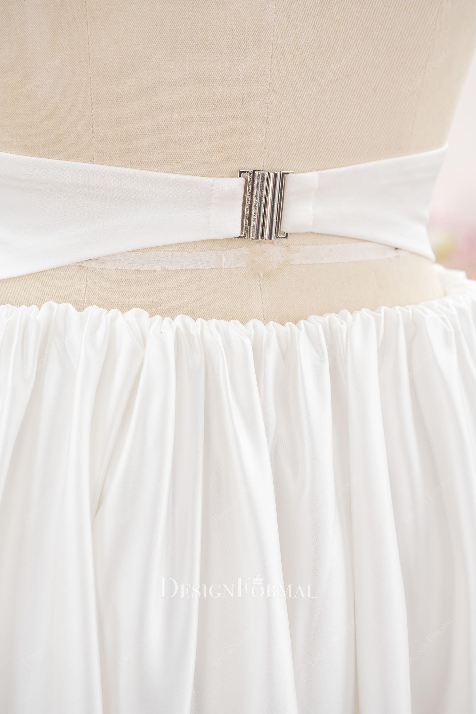 pleated waist white satin wedding dress